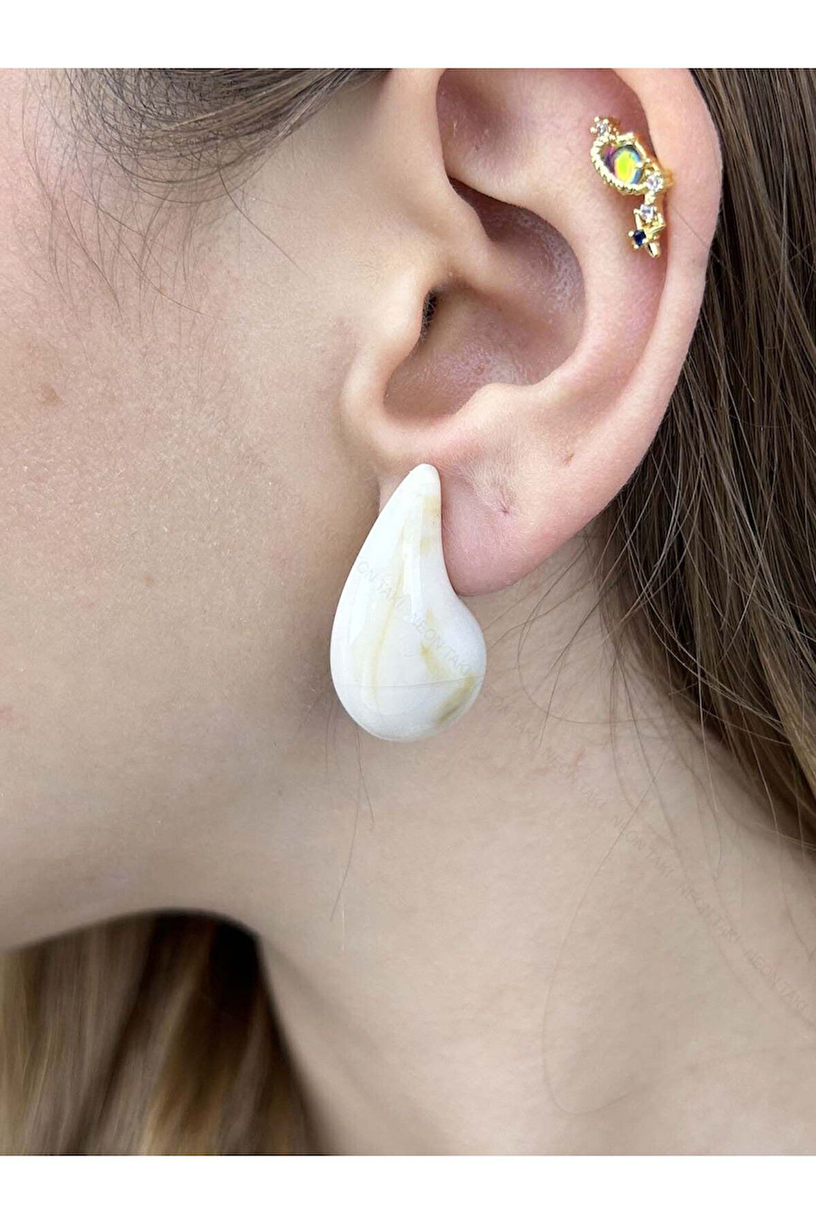 Bej Ve Kahve Mermer Görünümlü, Damla , Küpe 437