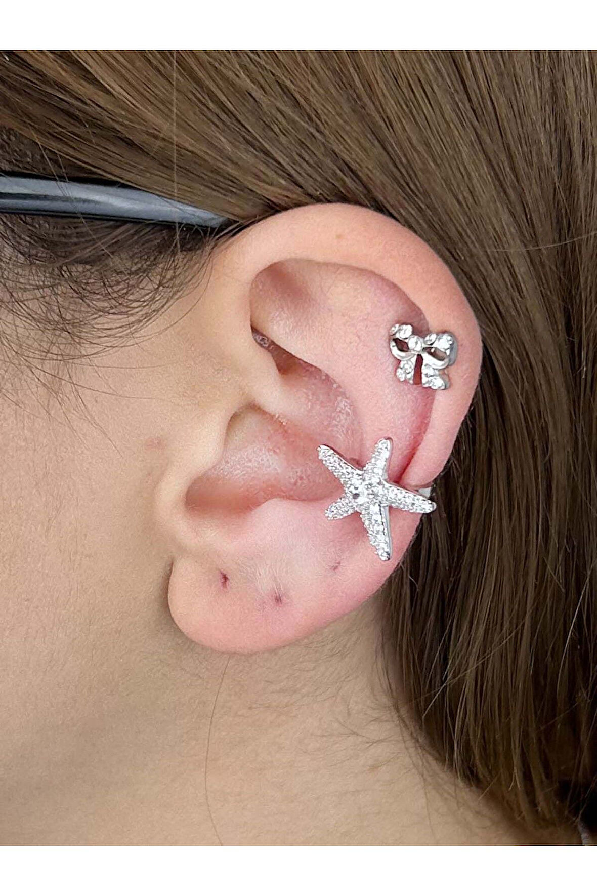 Zirkon Taşlı, Deniz Yıldızı, Kulak Kıkırdak Bölgesi Küpe 472, Gümüş Renk