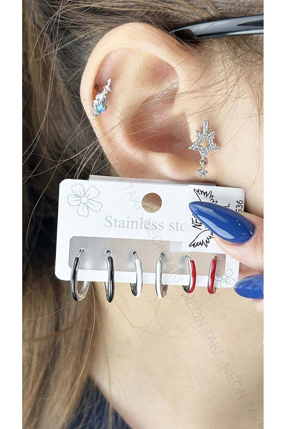 Çoklu Küpe, Çok Renk, Halka Model, Paslanmaz Çelik Küpe 536, Kasa Gümüş Renk