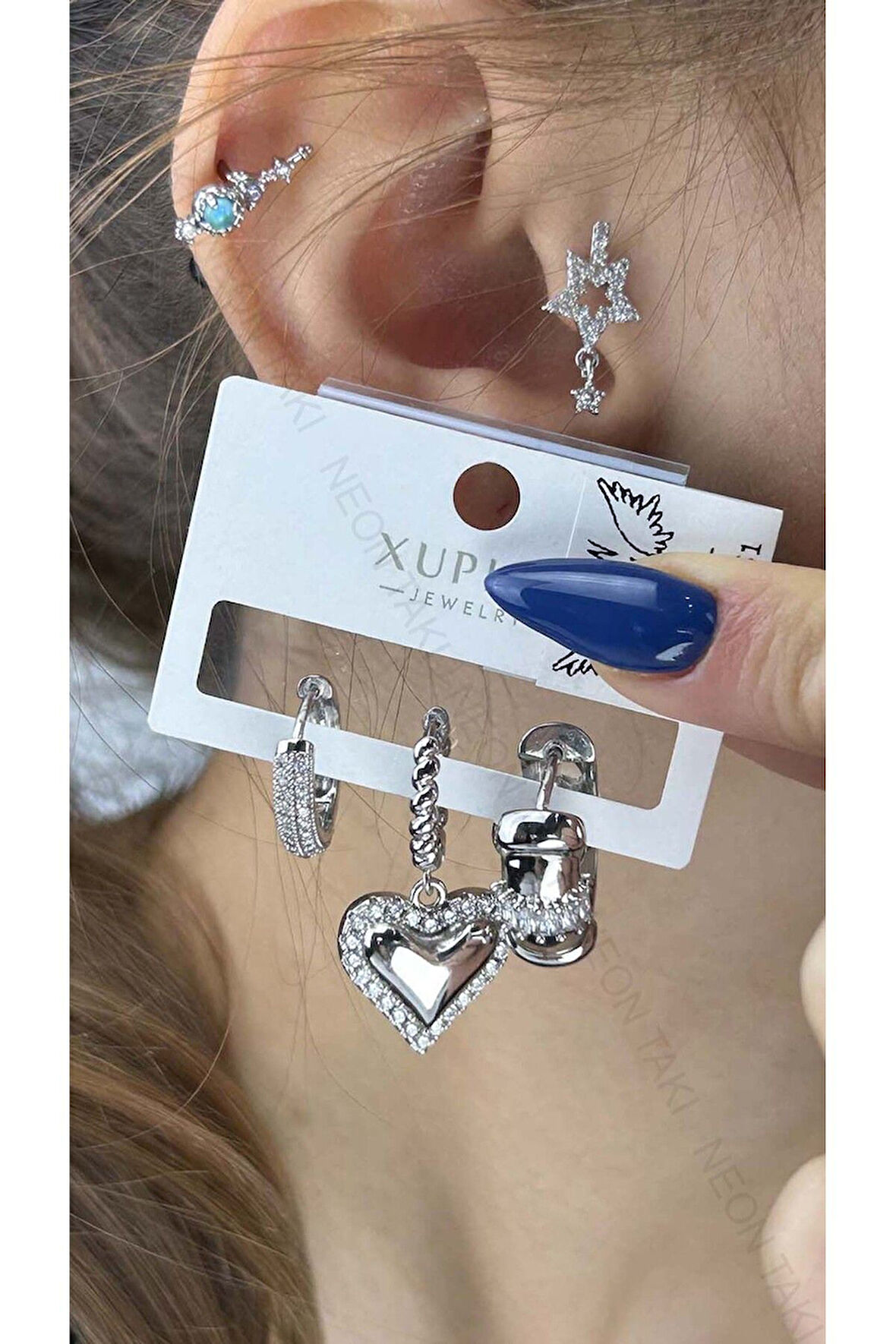 Çoklu Küpe, Zirkon Taşlı, Kalp, Platinyum Kaplama Çelik Küpe 551, Gümüş Renk