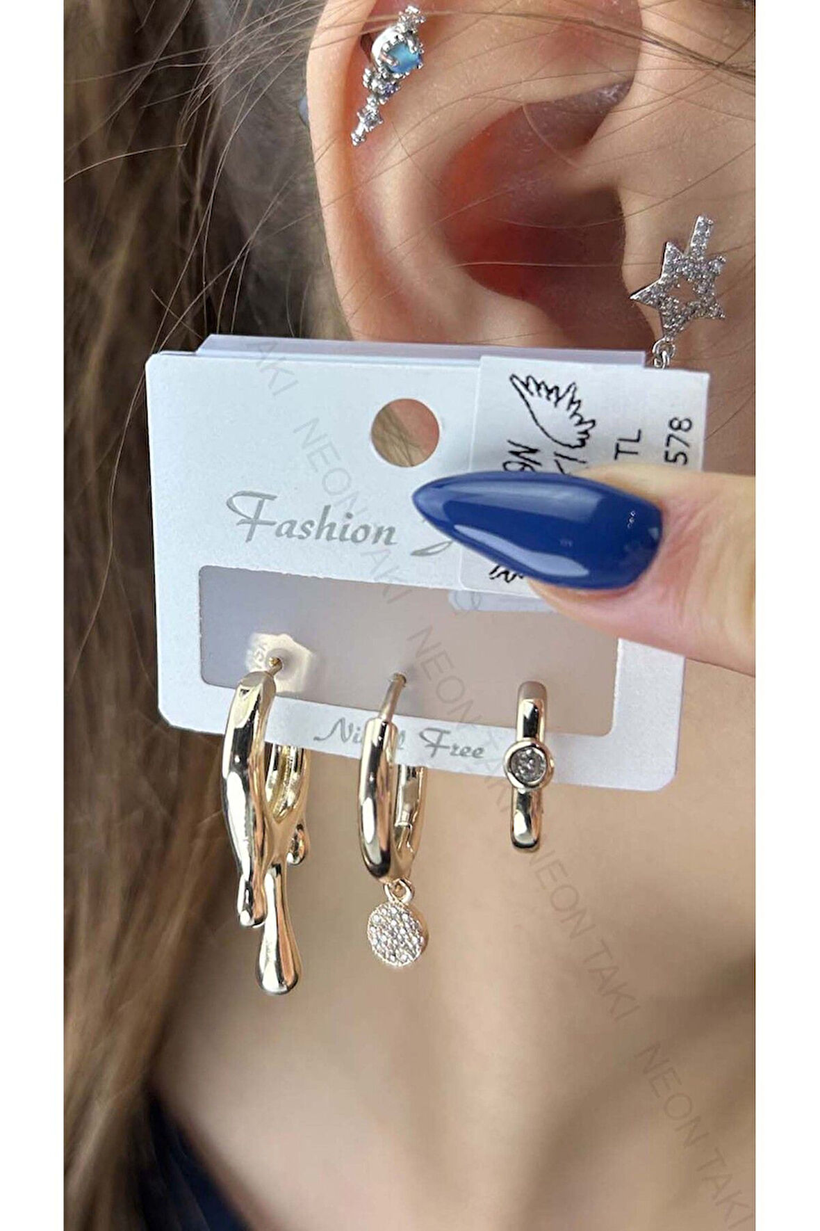 Çoklu Küpe, Zirkon Taşlı, Damlayan Lav Figürlü 578, Altın Renk