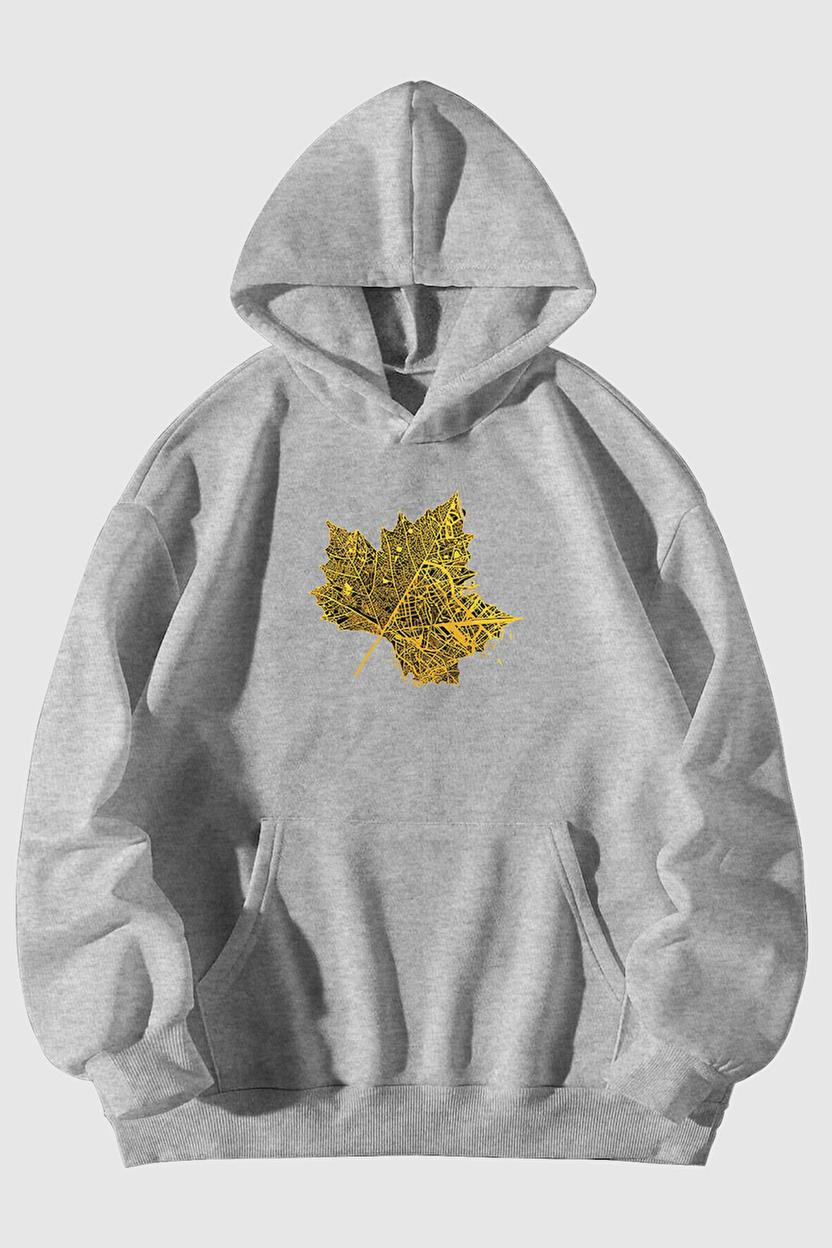 Kuru Yaprak Baskılı Unisex Siyah/Gri Kanguru Cepli Kapüşonlu Sweatshirt Hoodie | XL