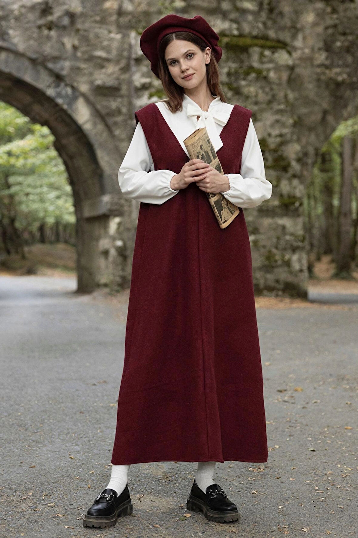  Bordo Kaşe Uzun Kışlık V Yaka Jile Elbise ve Kaşe Şapka (2 li takım)