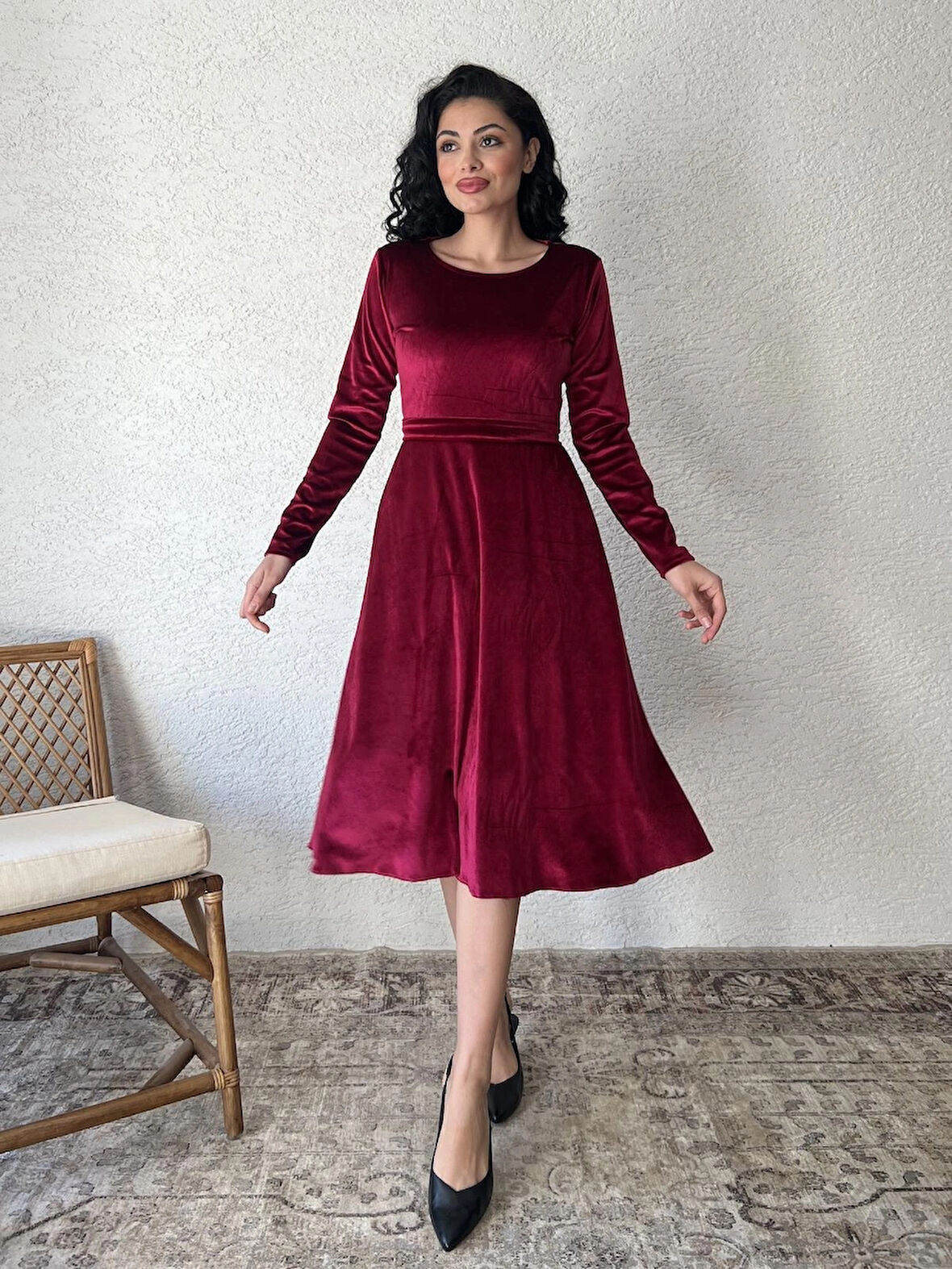 Bordo Kısa Kloş Kadife Elbise
