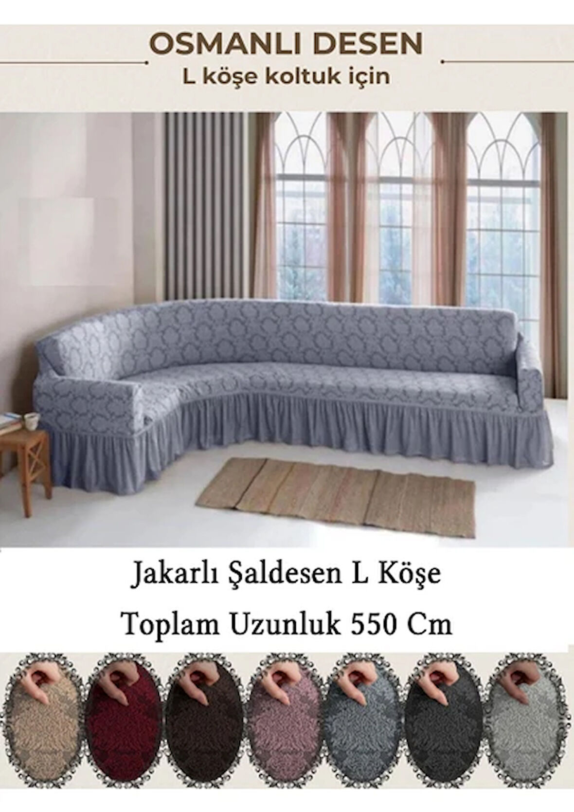 Starmall jakarli Şal desen 7 Kişilik L köşe koltuk örtüsü, Esnek koltuk kılıfı, osmanlı desen (550cm) Gri
