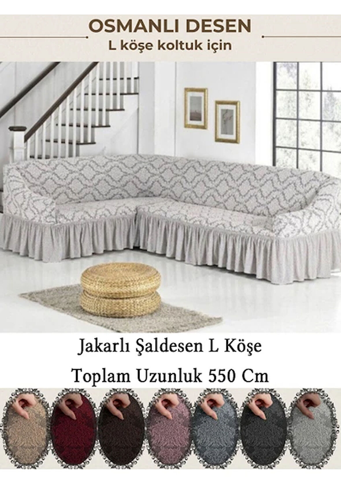 Starmall jakarli Şal desen 7 Kişilik L köşe koltuk örtüsü, Esnek koltuk kılıfı, osmanlı desen (550cm) Kem