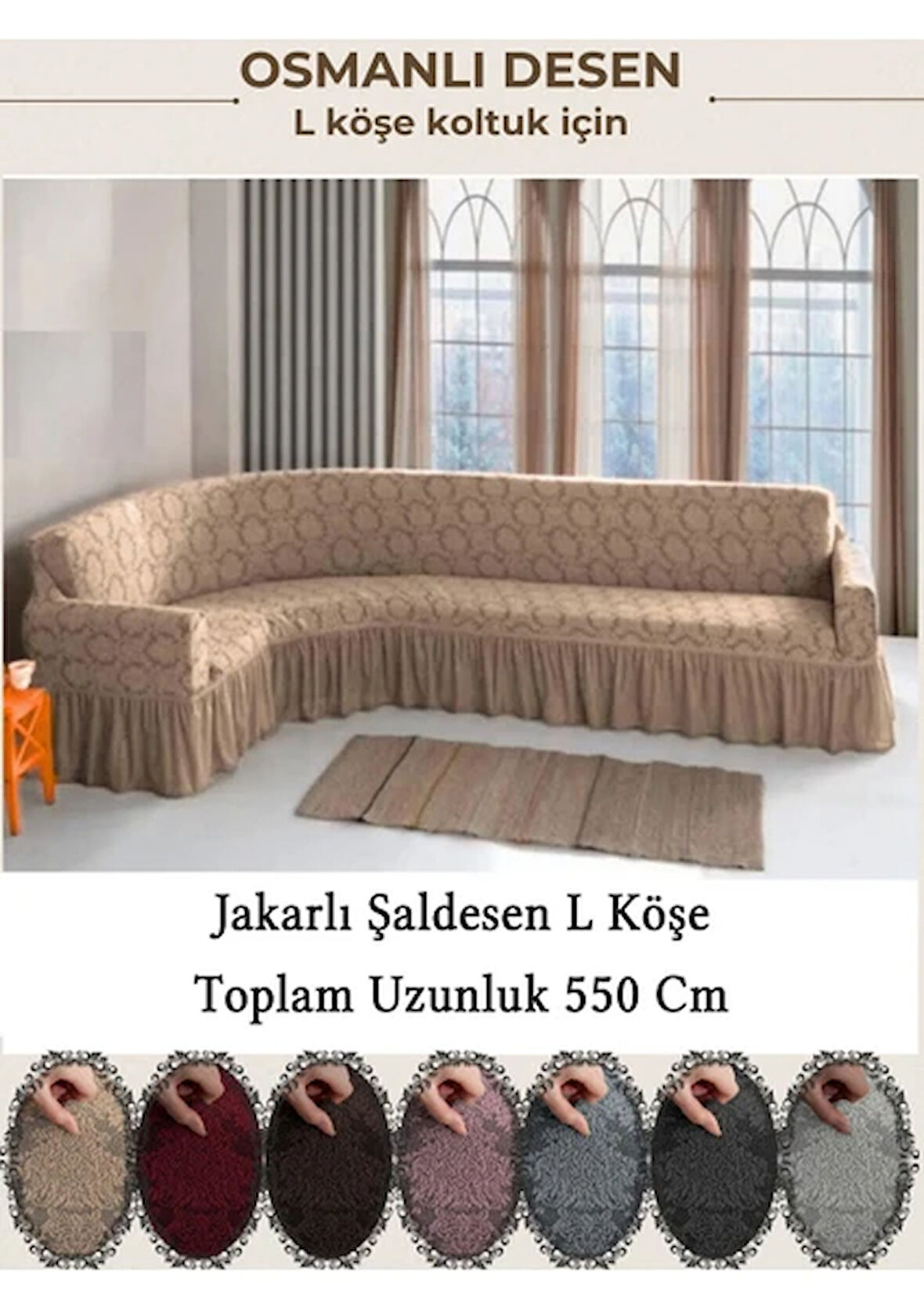 Starmall jakarli Şal desen 7 Kişilik L köşe koltuk örtüsü, Esnek koltuk kılıfı, osmanlı desen (550cm) Taş