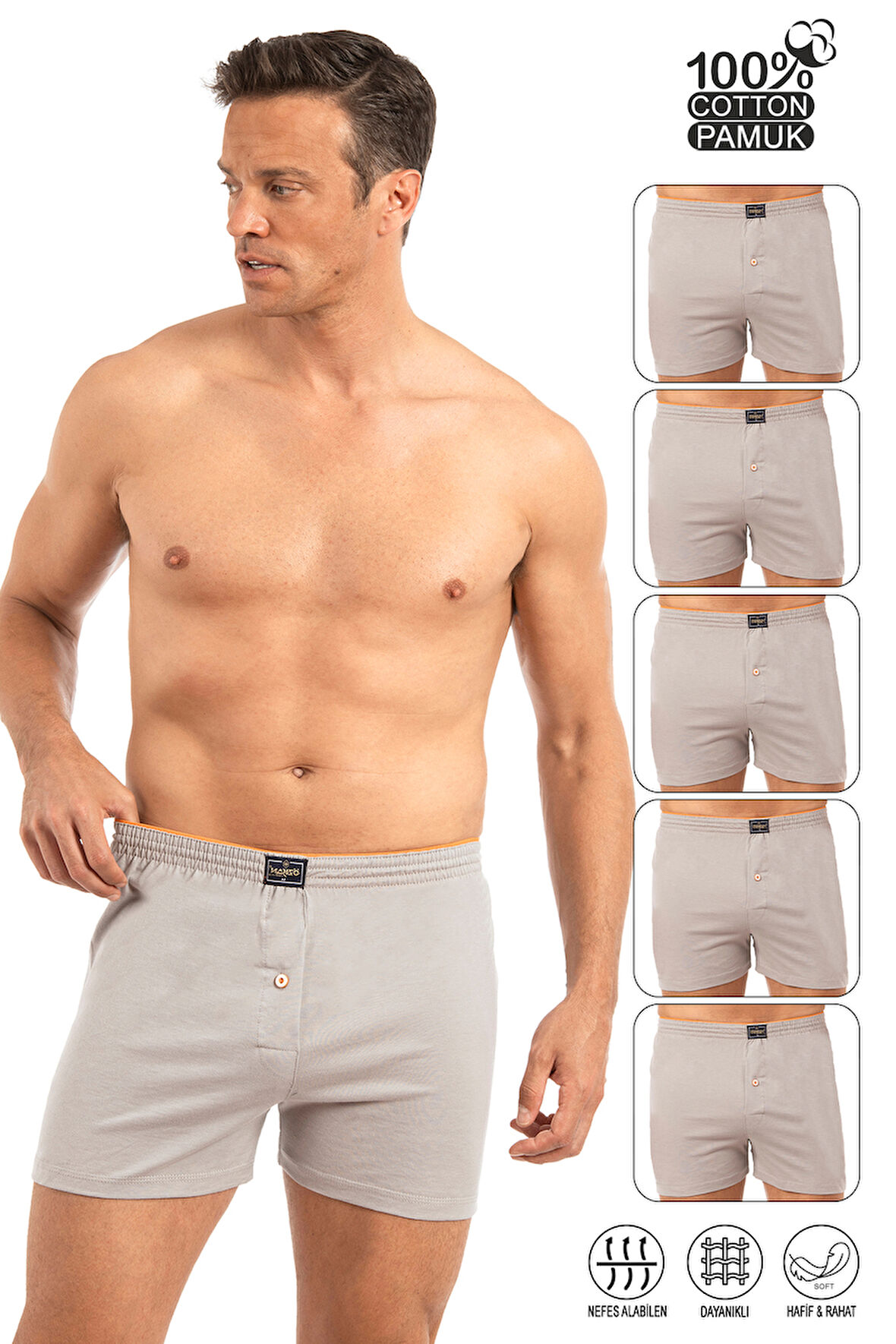 Özkan 0041 5'li Paket Erkek %100 Pamuklu Şardonlu Klasik Rahat Kesim Havlu Bel Süprem Penye Boxer