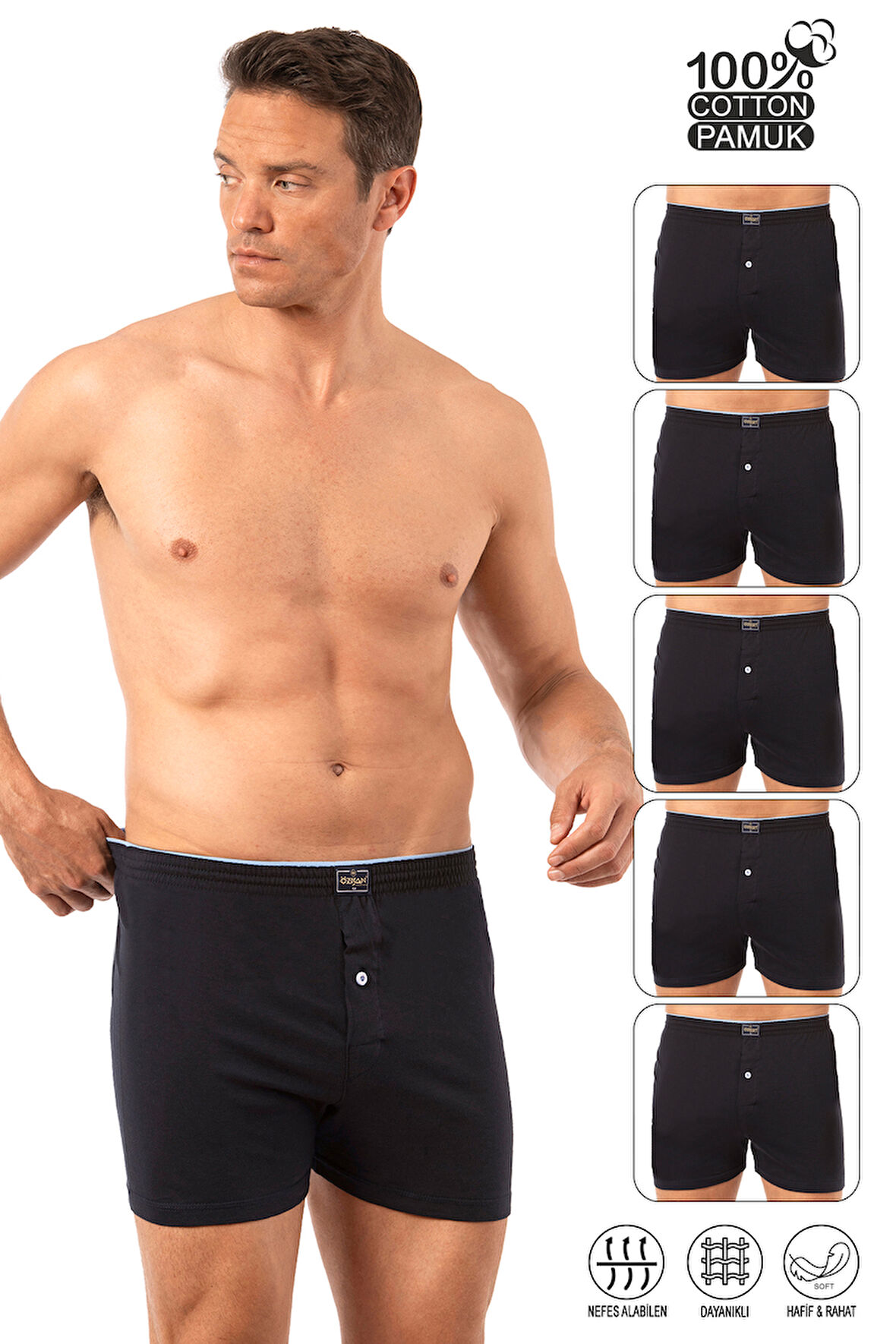 Özkan 0041 5'li Paket Erkek %100 Pamuklu Şardonlu Klasik Rahat Kesim Havlu Bel Süprem Penye Boxer