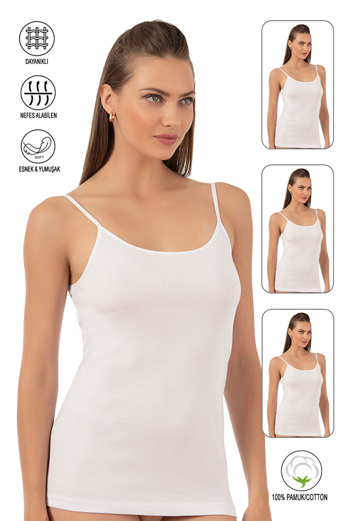 Özkan 0107 3'lü Paket Kadın %100 Pamuklu Ribana Esnek Rahat İp Askılı Örme Atlet