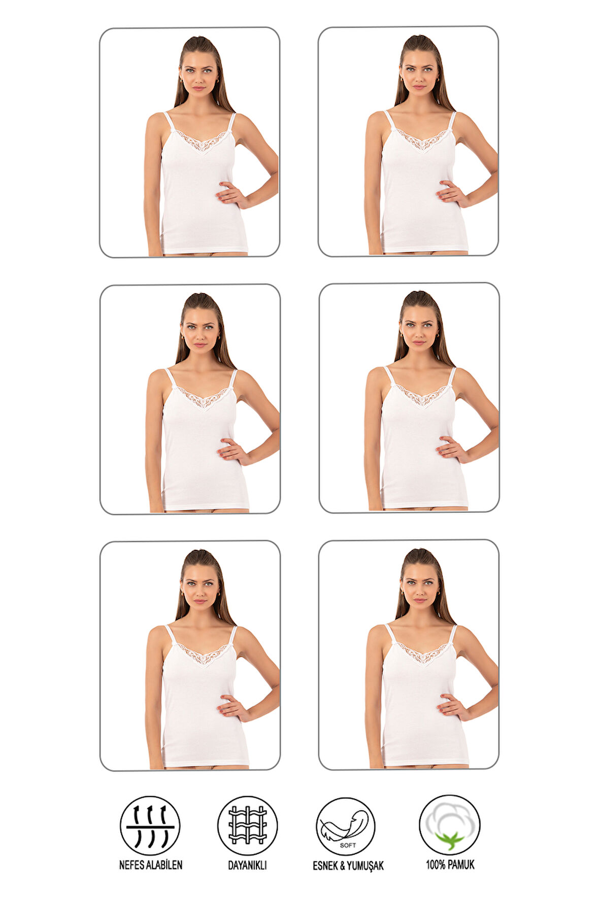 Özkan 0110 6'lı Paket Kadın Ribana %100 Pamuklu Güpürlü Esnek Rahat Ince Askılı Atlet