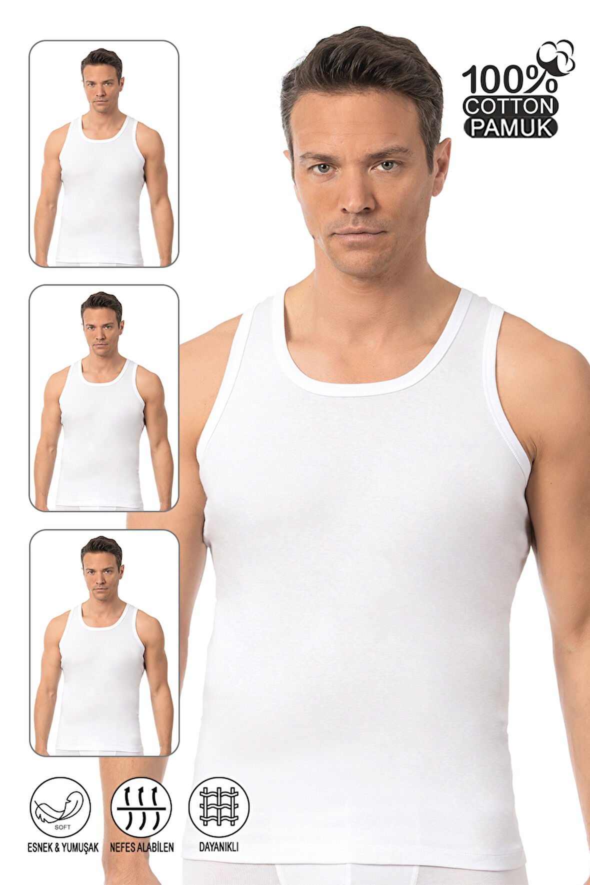 Özkan 0113 3'lü Paket Erkek %100 Pamuklu Esnek Yumuşak Ribana Kalın Askılı Atlet