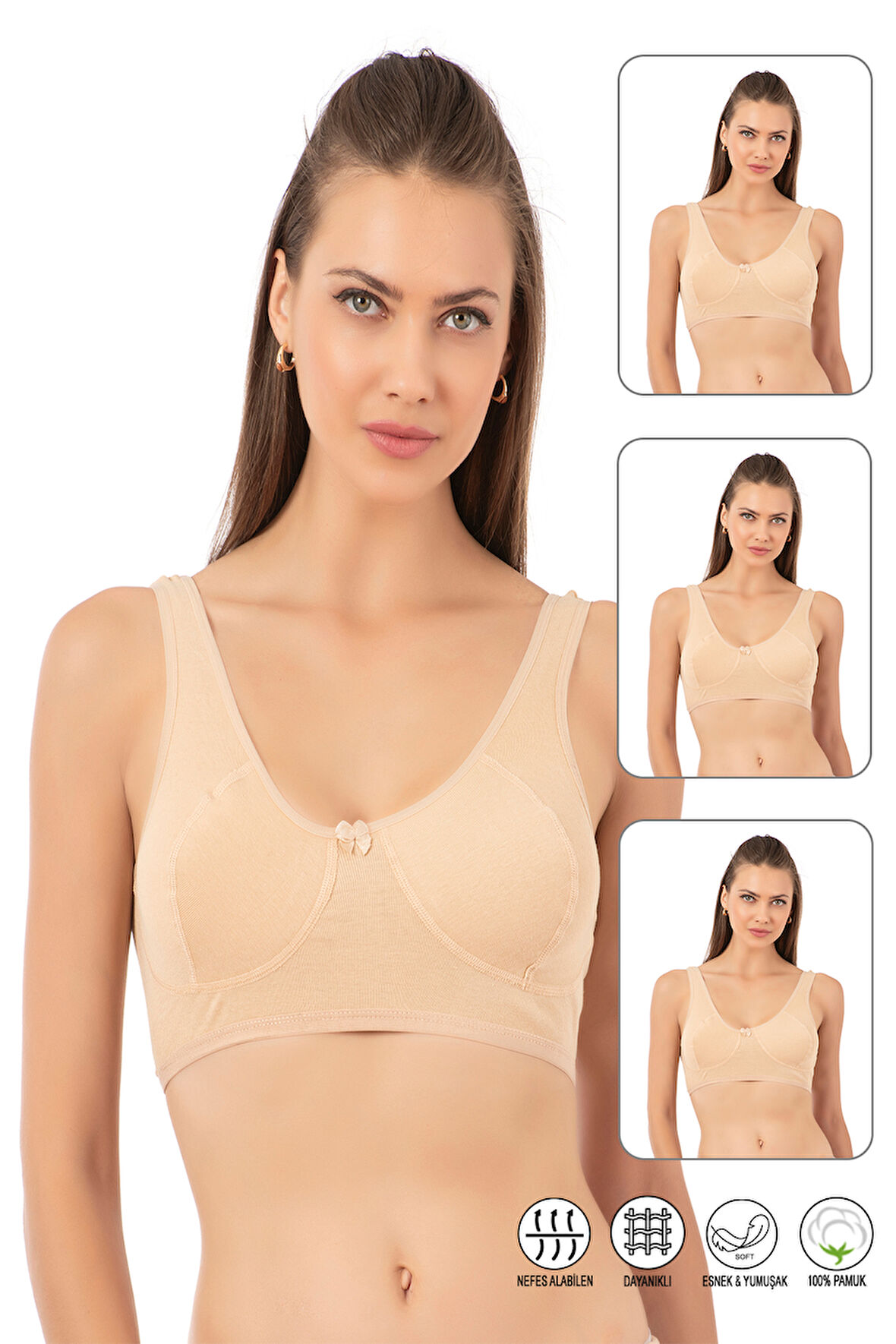 Özkan 0564 3'lü Paket Kadın Pamuklu Ribana Boş Kap Desteksiz Telsiz Balensiz Kalın Askılı Yarım Atlet Sütyen