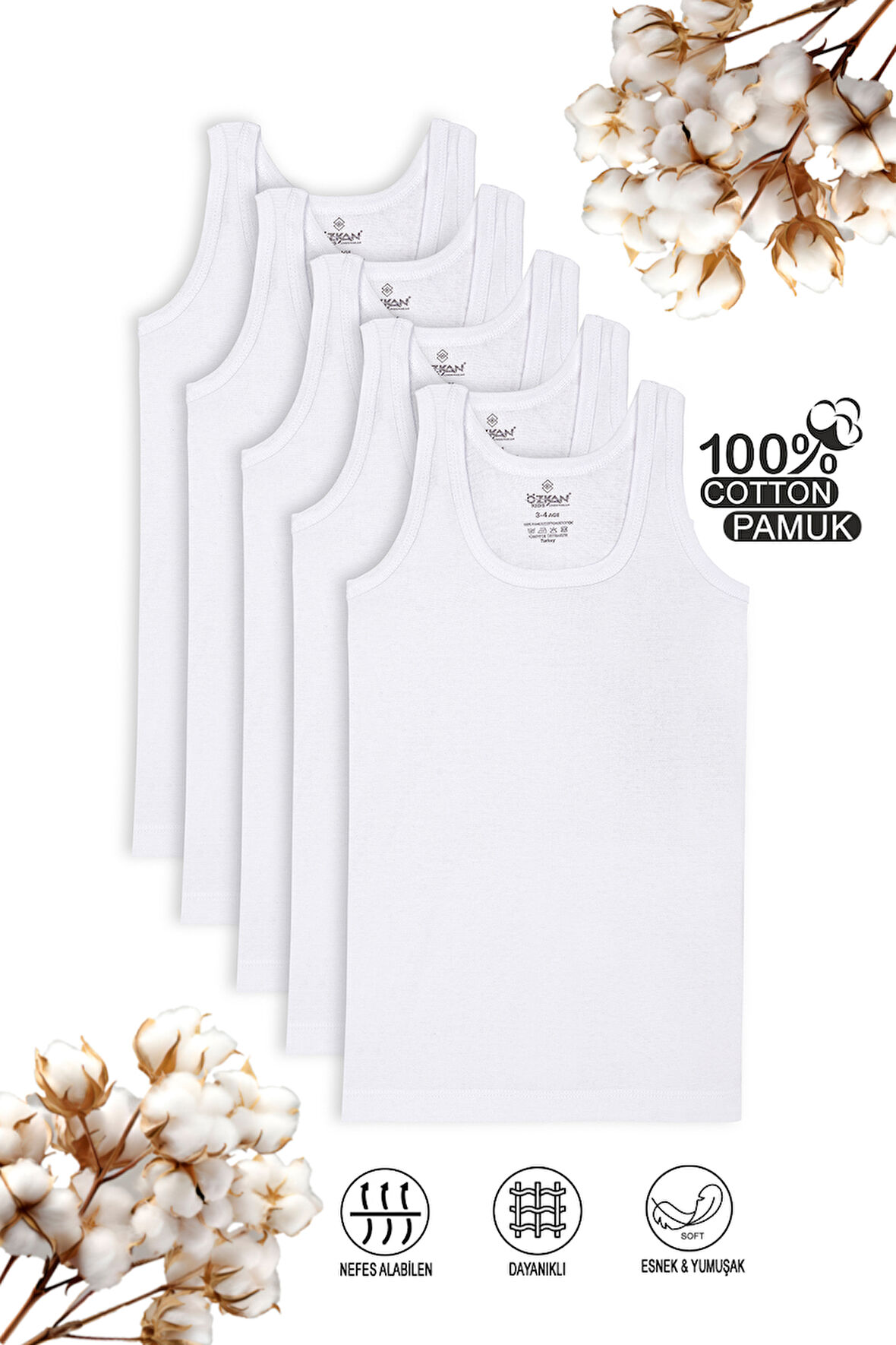 Özkan 0801 5'li Paket Erkek Çocuk %100 Pamuklu Ribana Kumaş Esnek Rahat Atlet