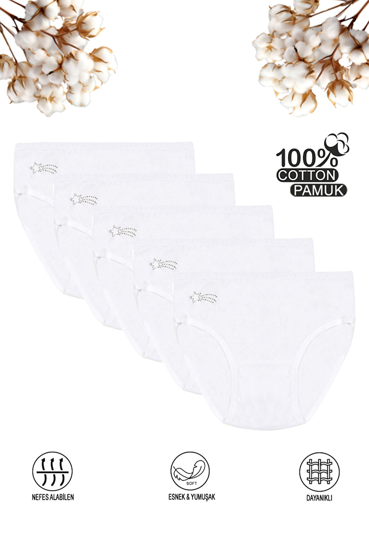 Özkan 0840 5'li Paket Kız Çocuk %100 Pamuklu Ribana Esnek Rahat Taş Detaylı Slip Külot