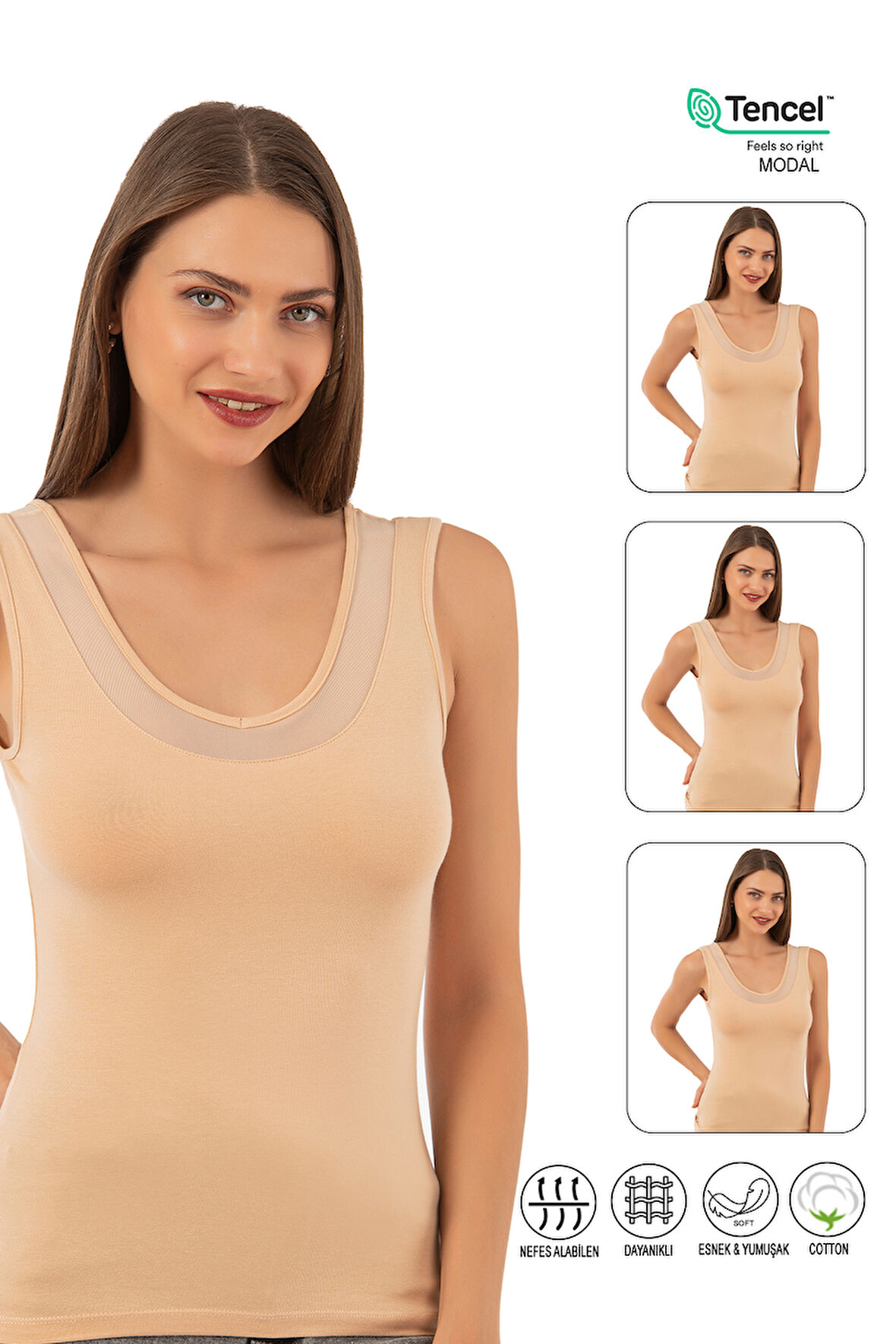 Özkan 22848 3'lü Paket Kadın Modal Pamuklu Kalın Askılı V Yaka Tül Detaylı Atlet