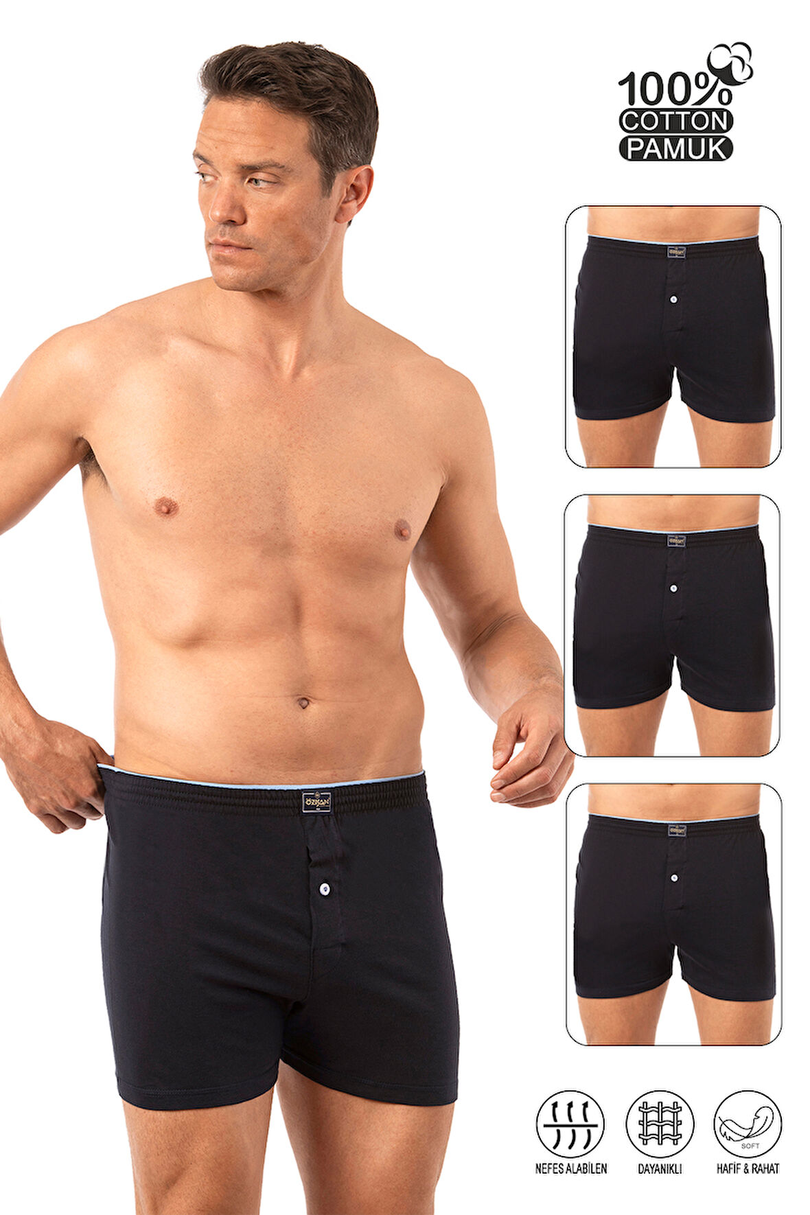 Özkan 0041 3'lü Paket Erkek %100 Pamuklu Şardonlu Klasik Rahat Kesim Havlu Bel Süprem Penye Boxer