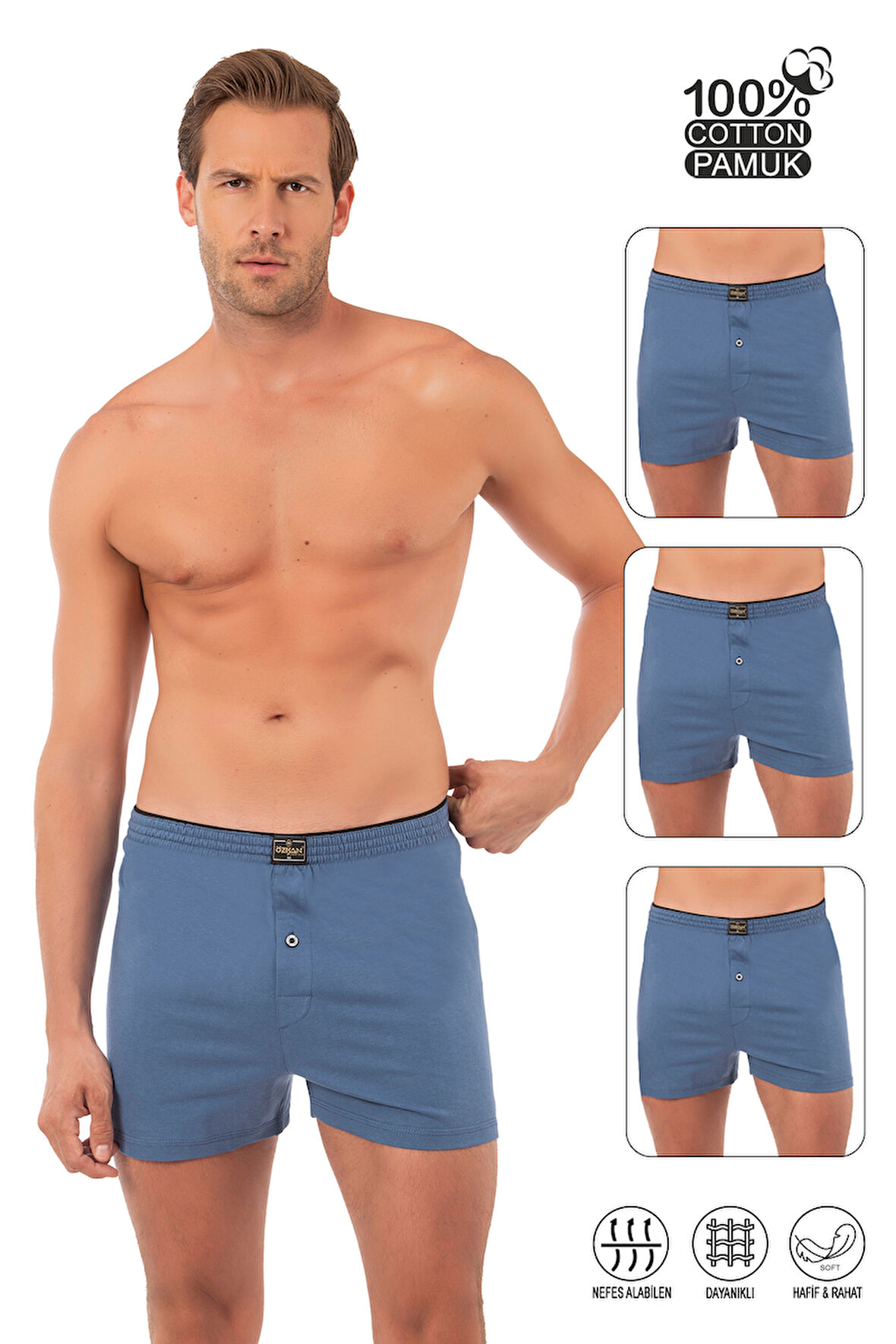 Özkan 0041 3'lü Paket Erkek %100 Pamuklu Şardonlu Klasik Rahat Kesim Havlu Bel Süprem Penye Boxer