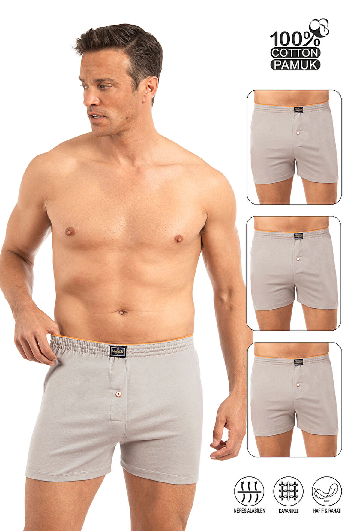 Özkan 0041 3'lü Paket Erkek %100 Pamuklu Şardonlu Klasik Rahat Kesim Havlu Bel Süprem Penye Boxer