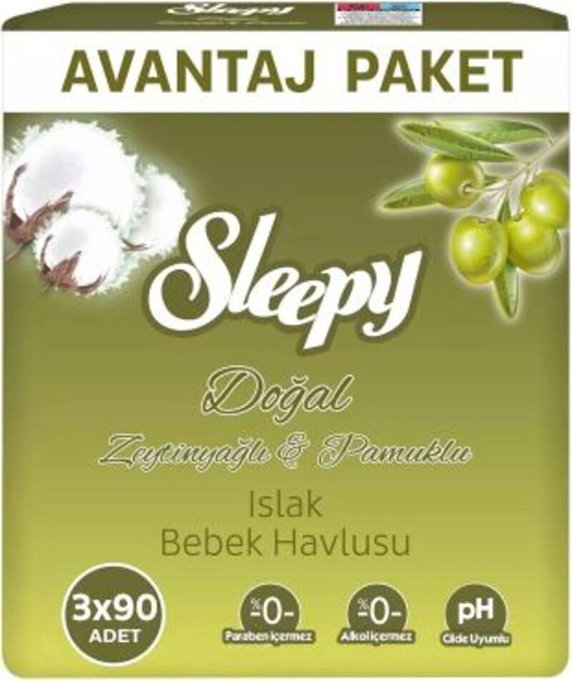 Sleepy Pamuk Zeytin Zeytinyağlı Islak Havlu 90 yaprak 3'lü Paket 12 adet