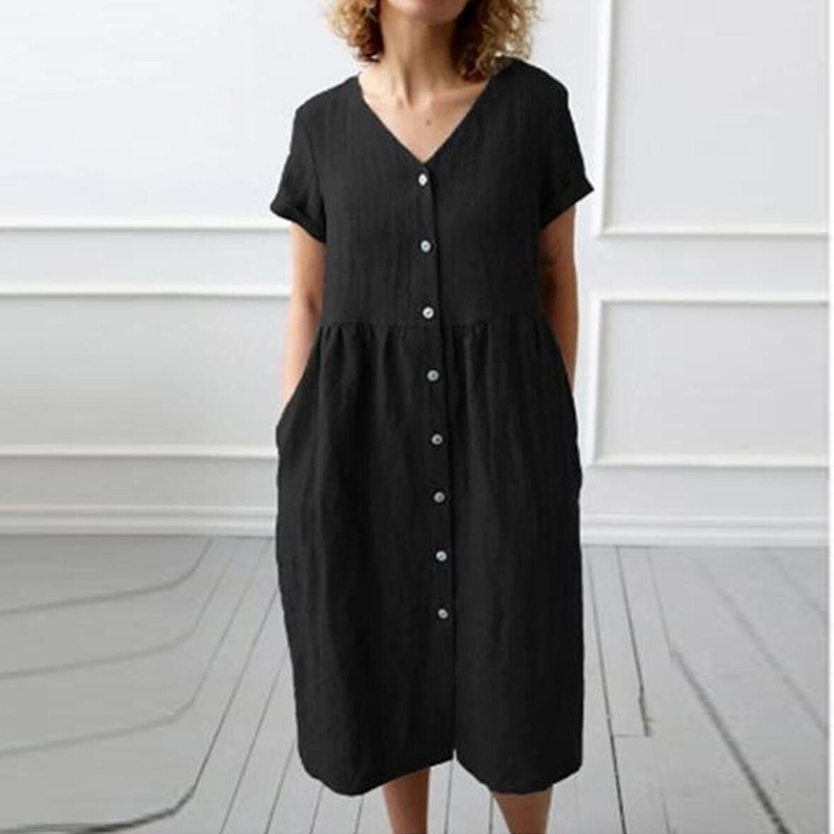 Barbora Günlük Yazlık V yaka Kısa Kol Düğme Detaylı Kadın Elbise bt278siyah