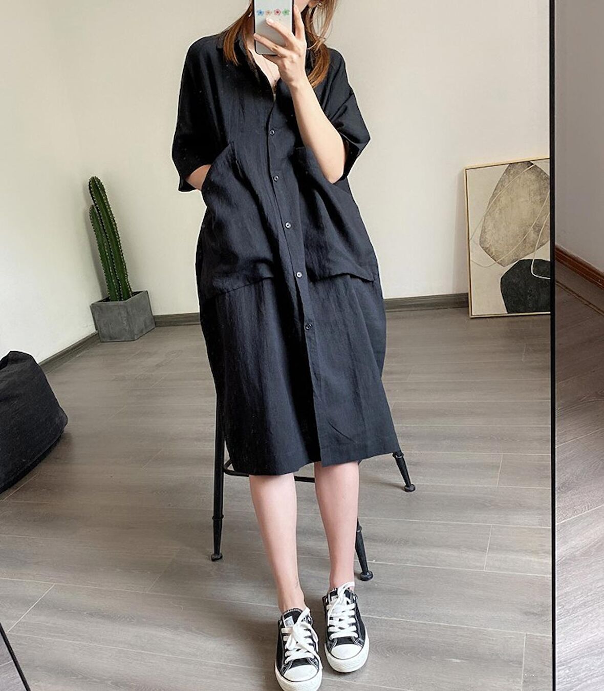 Barbora Keten Günlük Cep Detaylı Salaş Kadın Elbise LN260siyah