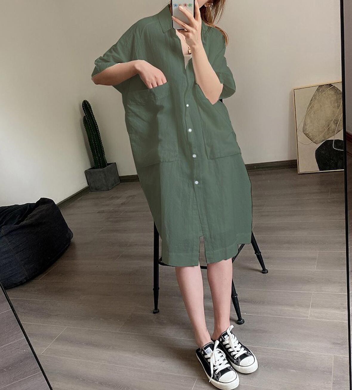 Barbora Keten Günlük Cep Detaylı Salaş Kadın Elbise LN260haki