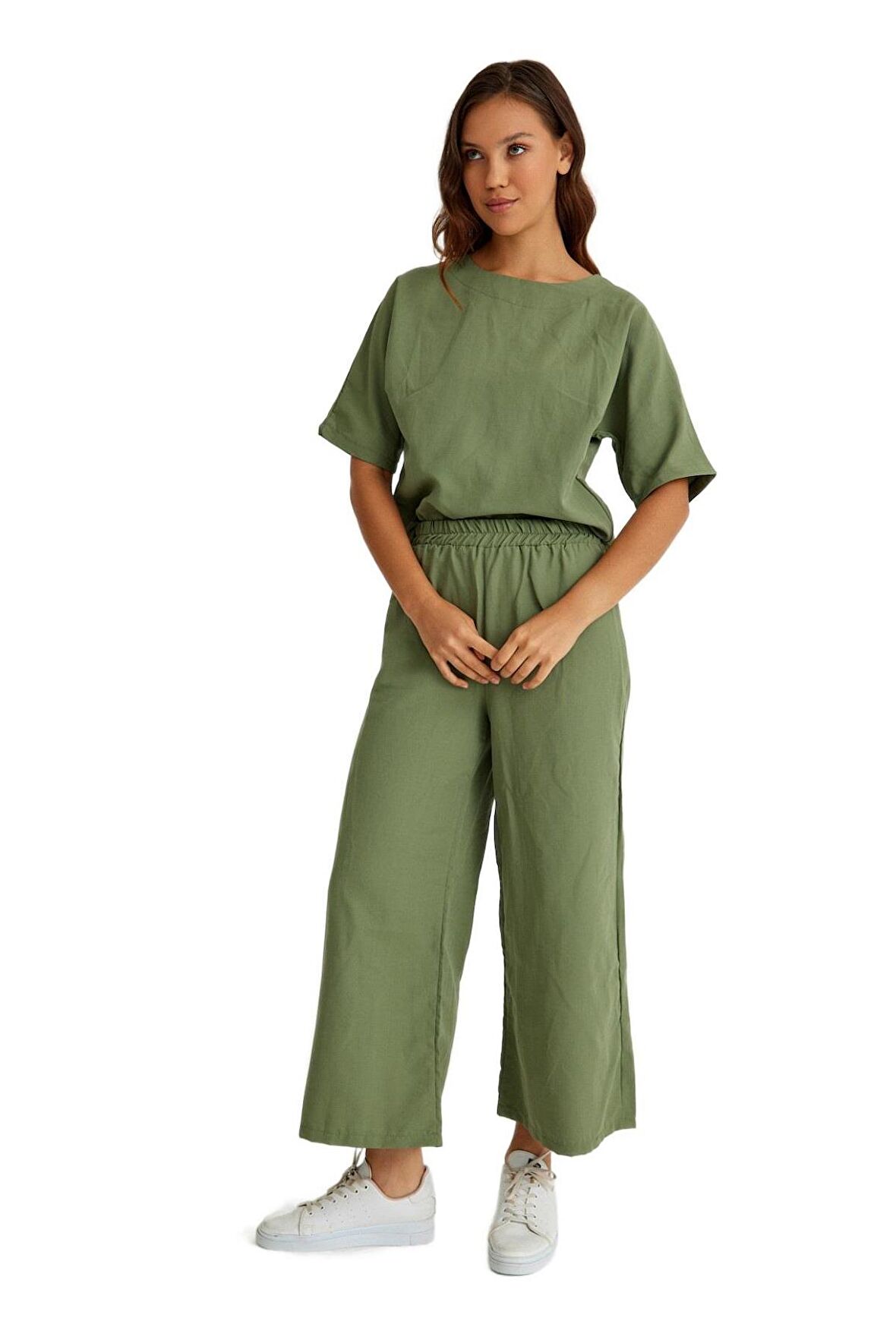 Barbora Keten Günlük Rahat Beli Lastikli Kadın İkili Takım Alt Üst LN10haki7