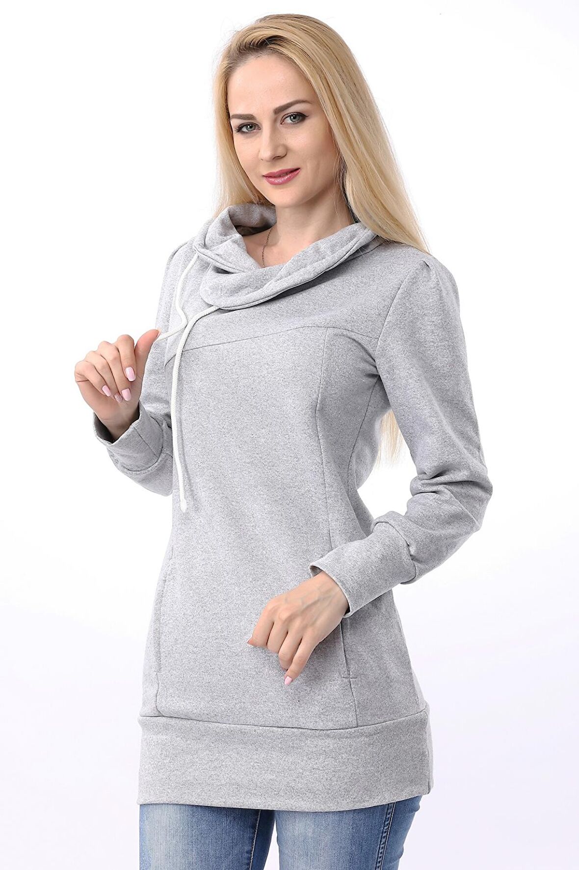 Barbora Günlük Asimetrik Kesim Cepli Uzun Kadın Sweatshirt 3011gri2