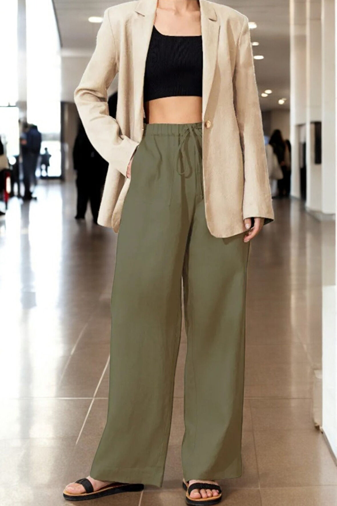 Beli Bağcıklı Yazlık Şık Keten Pantolon