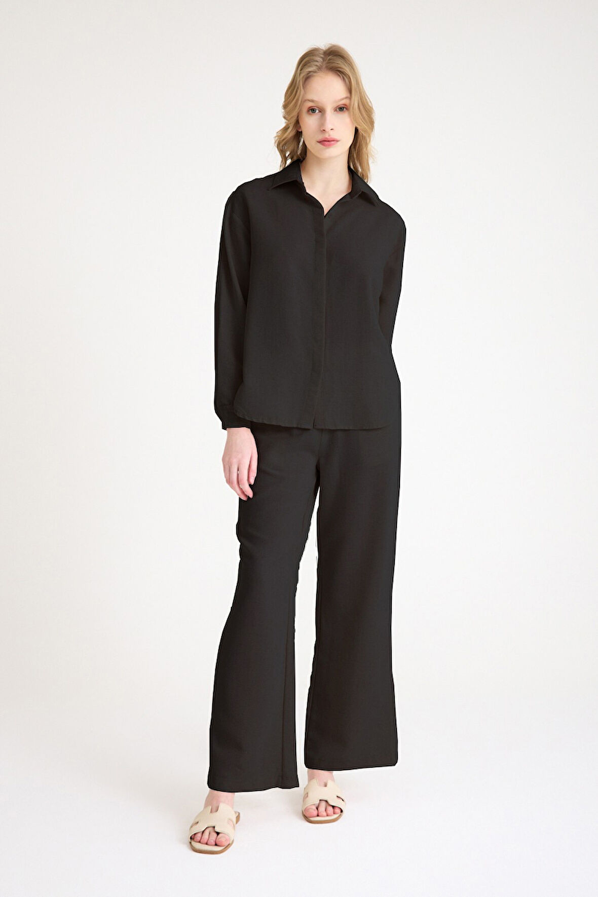 Yazlık Gömlek Pantolon İkili Siyah Keten Takım