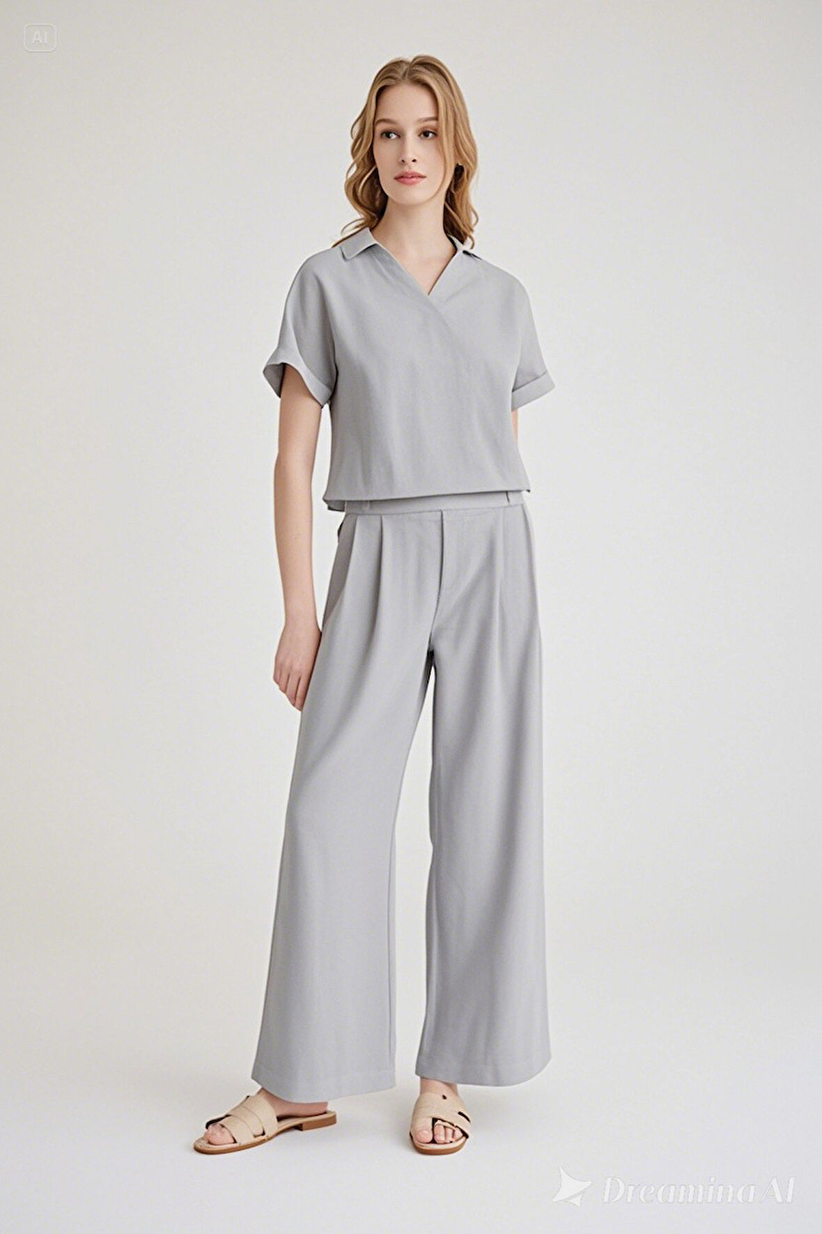 Keten Zarif Kadin T-shirt ve Uzun Pantolon Alt Üst İkili Takım V Yaka Kısa Kollu Salaş Rahat Gri Elbise