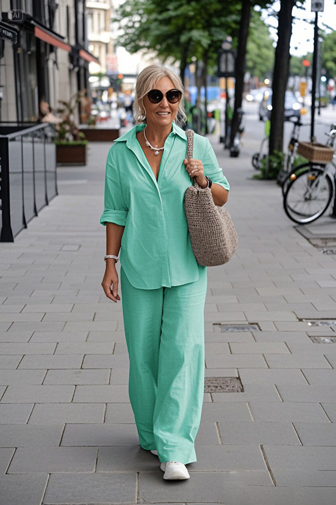 Keten Su Yeşili Günlük İkili Takım Alt Üst