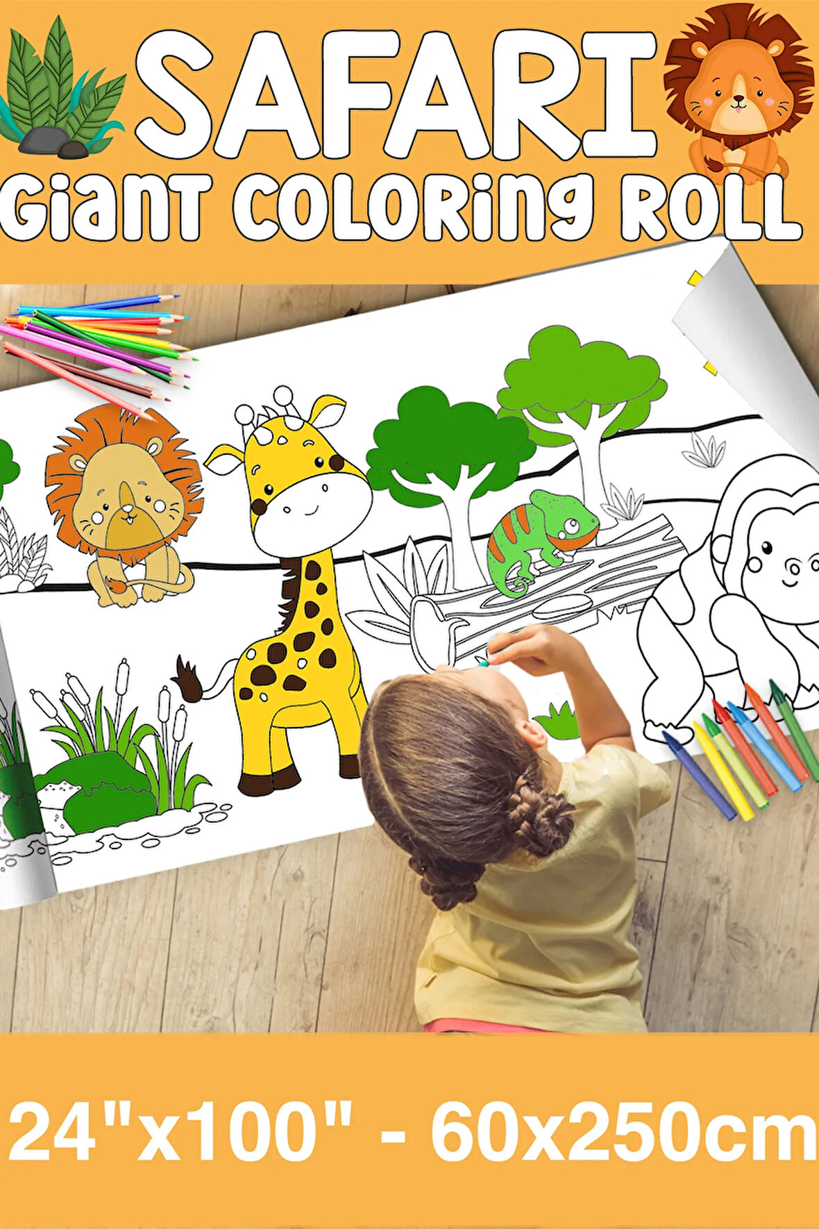 Safari Dev Boy Boyama Kağıdı - Animals Kids Coloring Roll - Giant Painting Paper Roll for Kids