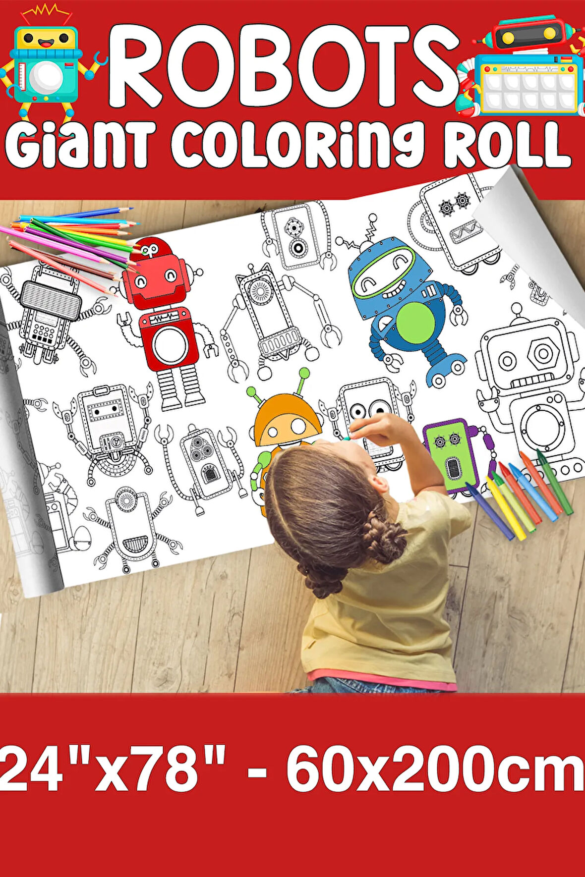 Robotlar Dev Boy Boyama Kağıdı - Farm Kids Coloring Roll - Giant Painting Paper Roll for Kids