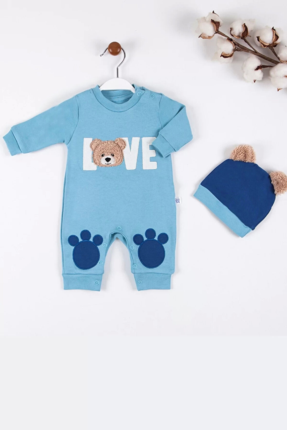 Lenaca Love Bear Nakışlı % 100 Pamuk Erkek Bebek Tulumu