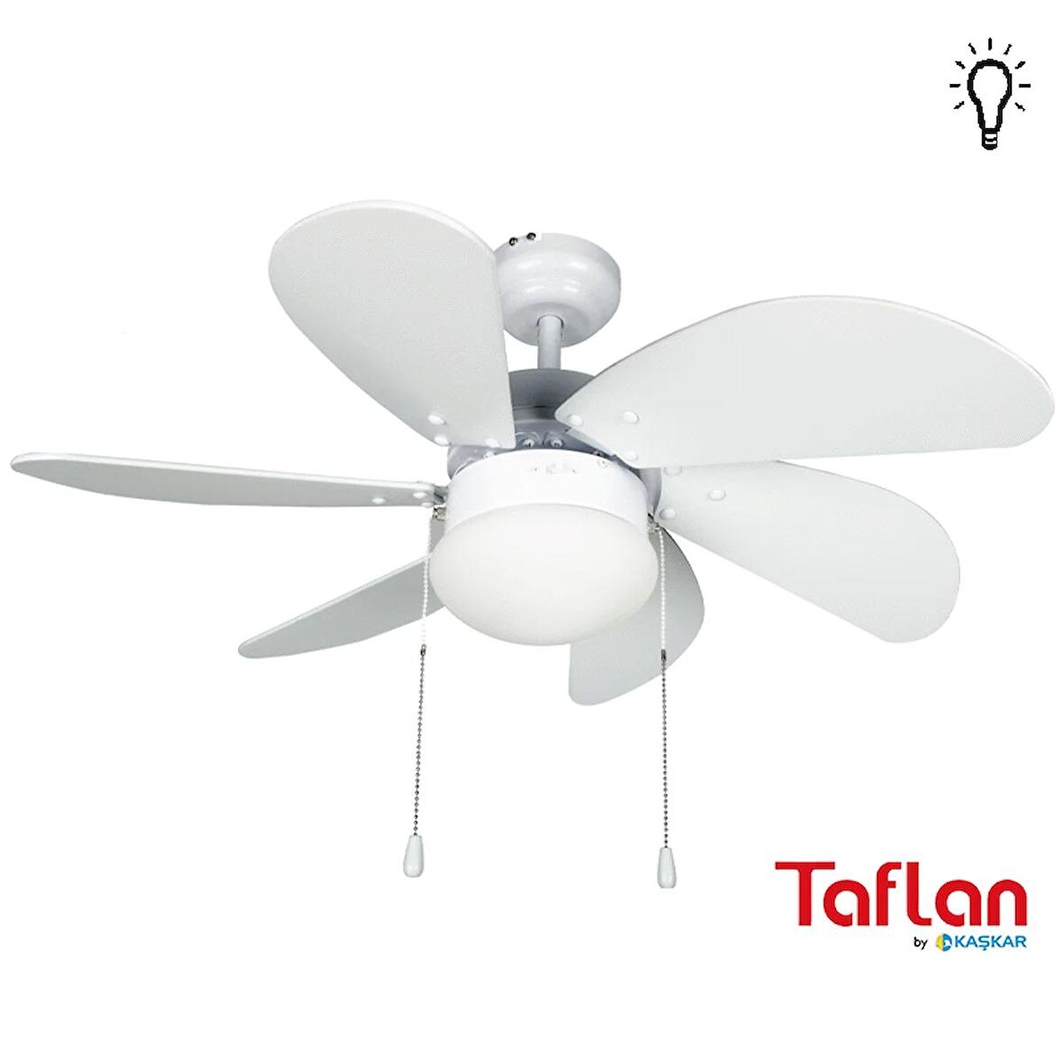 Kaşkar-Taflan L36009/3 - Lambalı Tavan Vantilatörü, 6 Ahşap Kanatlı, Beyaz