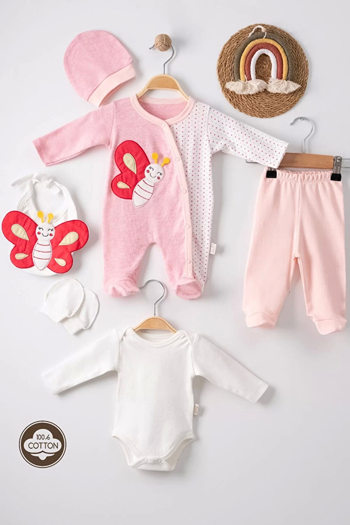 Kelebek Nakışlı Puanlı Tulumlu % 100 Pamuk Kız Bebek 5'li Set
