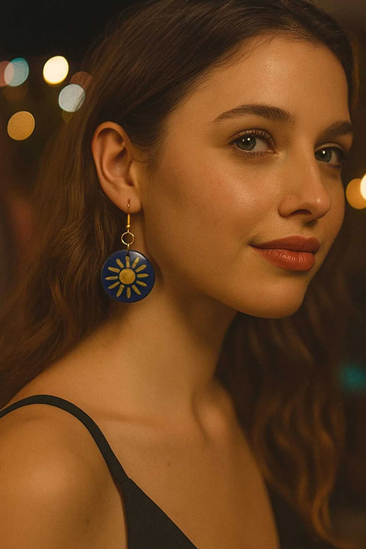 Solaris El Çizimi Güneş Motifli Lacivert Yuvarlak El Yapımı Küpe