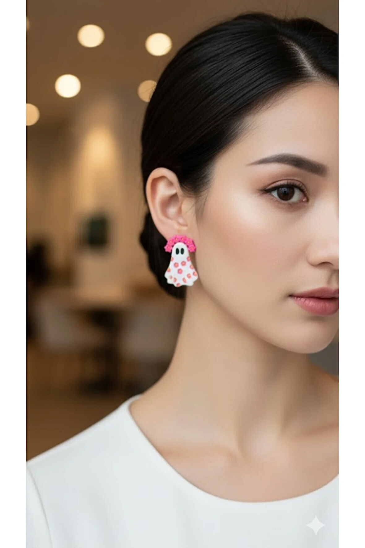 Blossom Boo El Yapımı Pembe Çiçekli Hayalet Küpe - Cadılar Bayramı Koleksiyonu