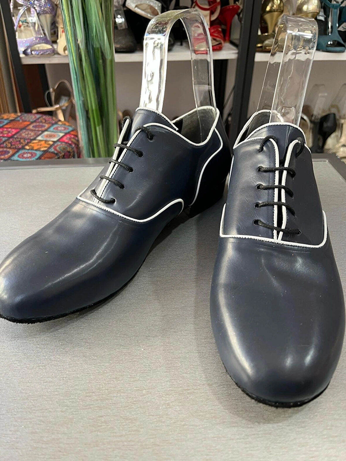 LACİVERT DERİ -BEYAZ BİYELİ ALFA ERKEK TANGO-DANS VE SALON AYAKKABISI