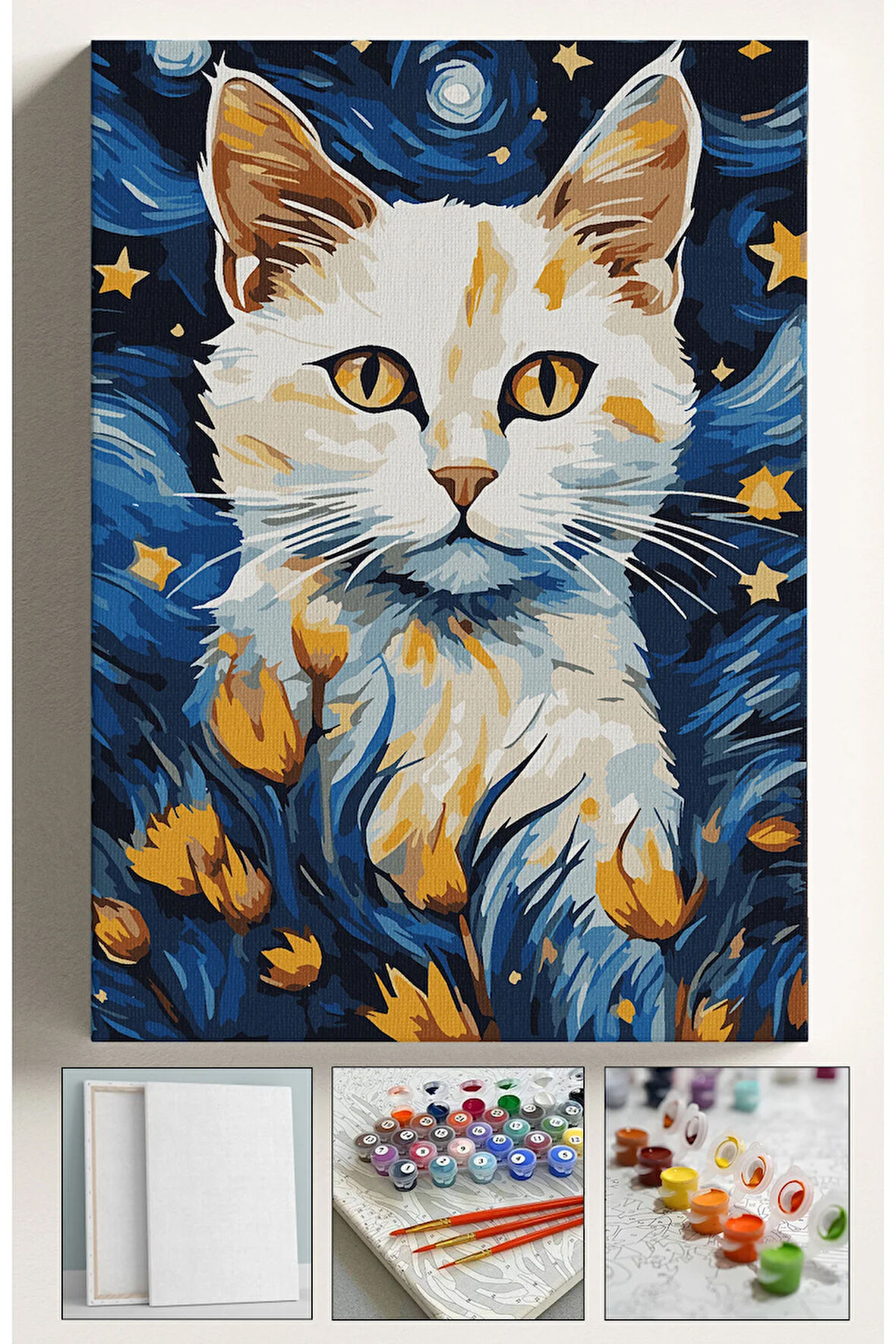 Sayılarla Boyama Seti Numaralı Tuval Fırça Boya 40x50 Cm Laleler ve Kedi