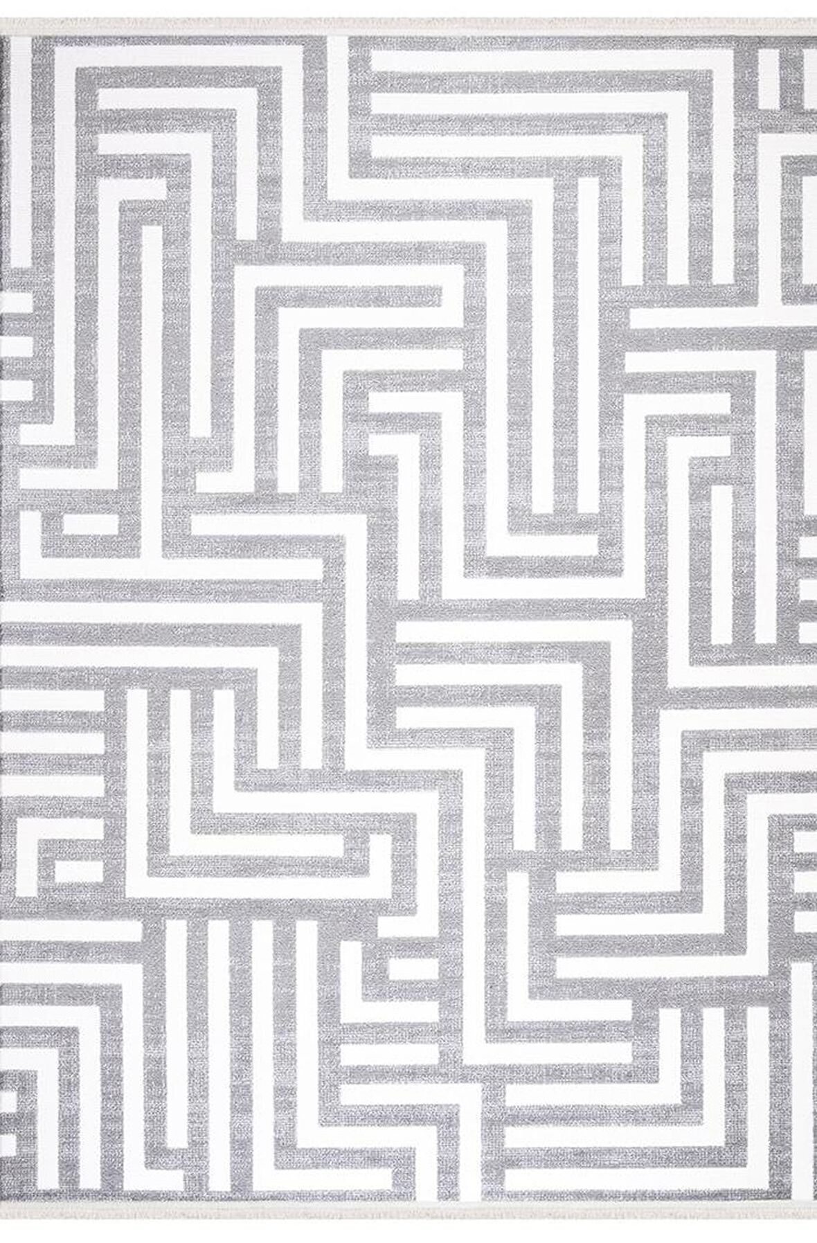 İpek Mekik Halı Lapena Gri Beyaz Geometrik Çizgili Halı