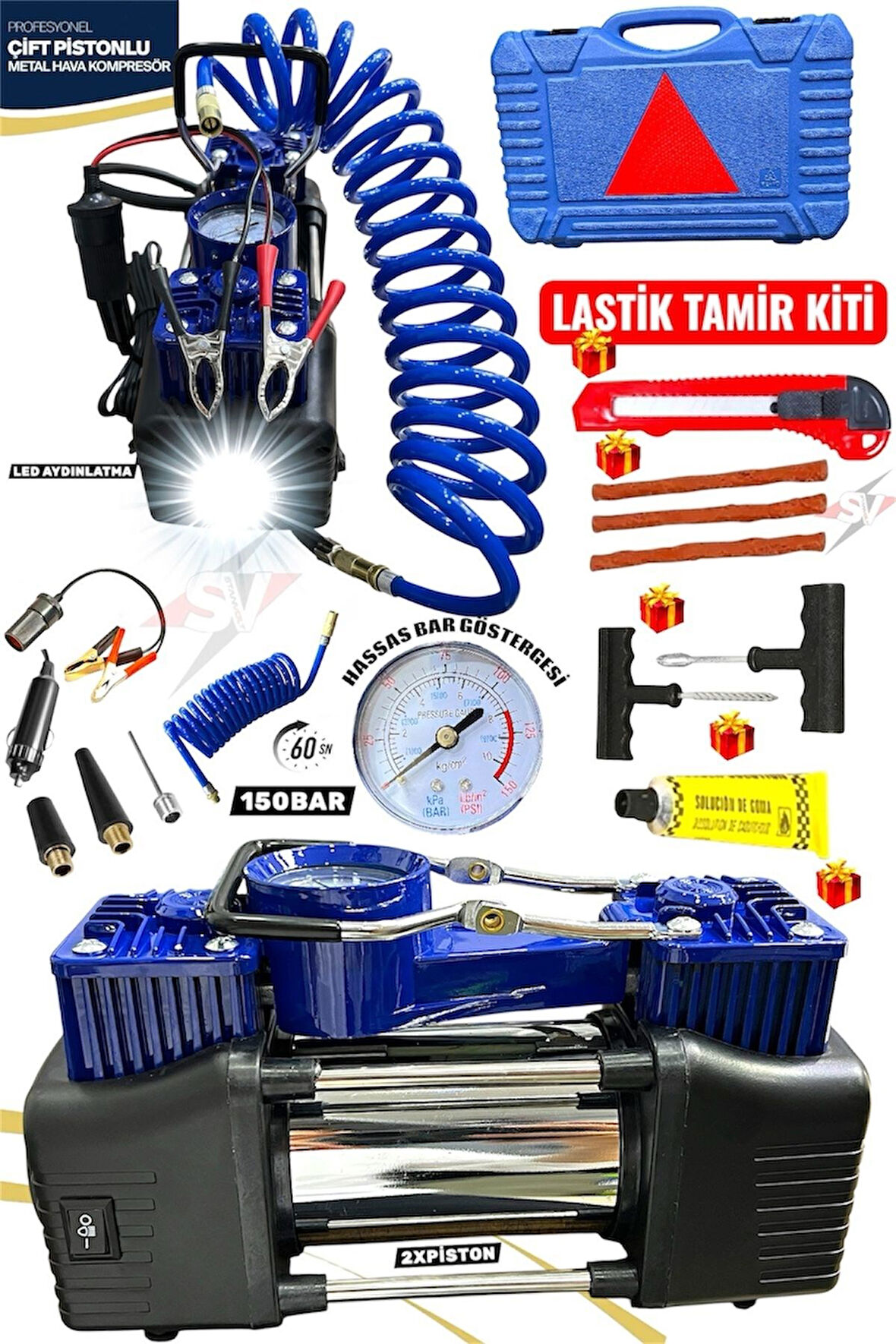 Çift Silindirli Lastik Şişirme Oto Kamyon 12V 150 PSI Ağır Hizmet Tipi Çantalı Hava Kompresörü