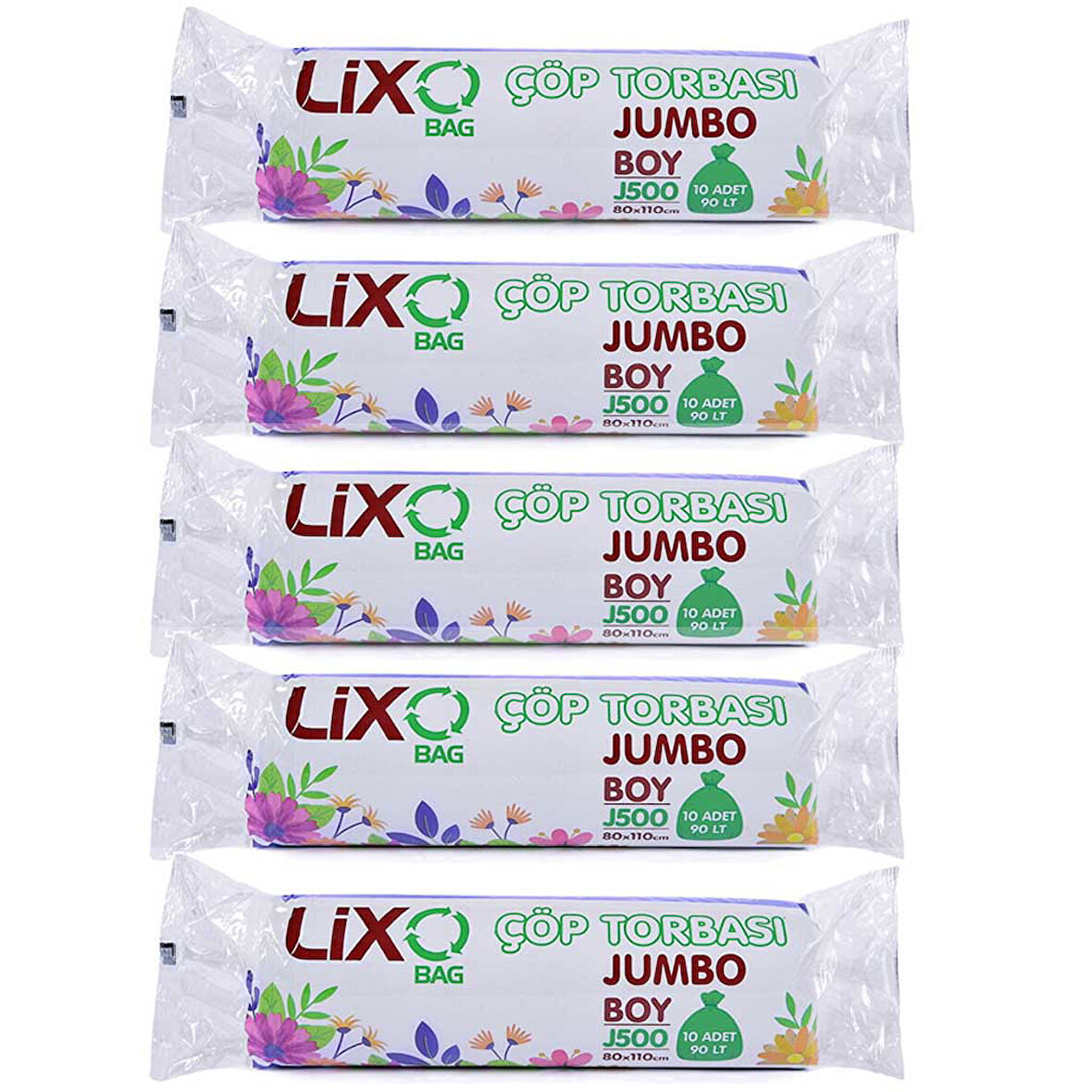 J500 Jumbo Boy Çöp Poşeti (80 x 110 cm) 10 Lu Rulo x 5 Paket Çöp Torbası Siyah 90 Lt