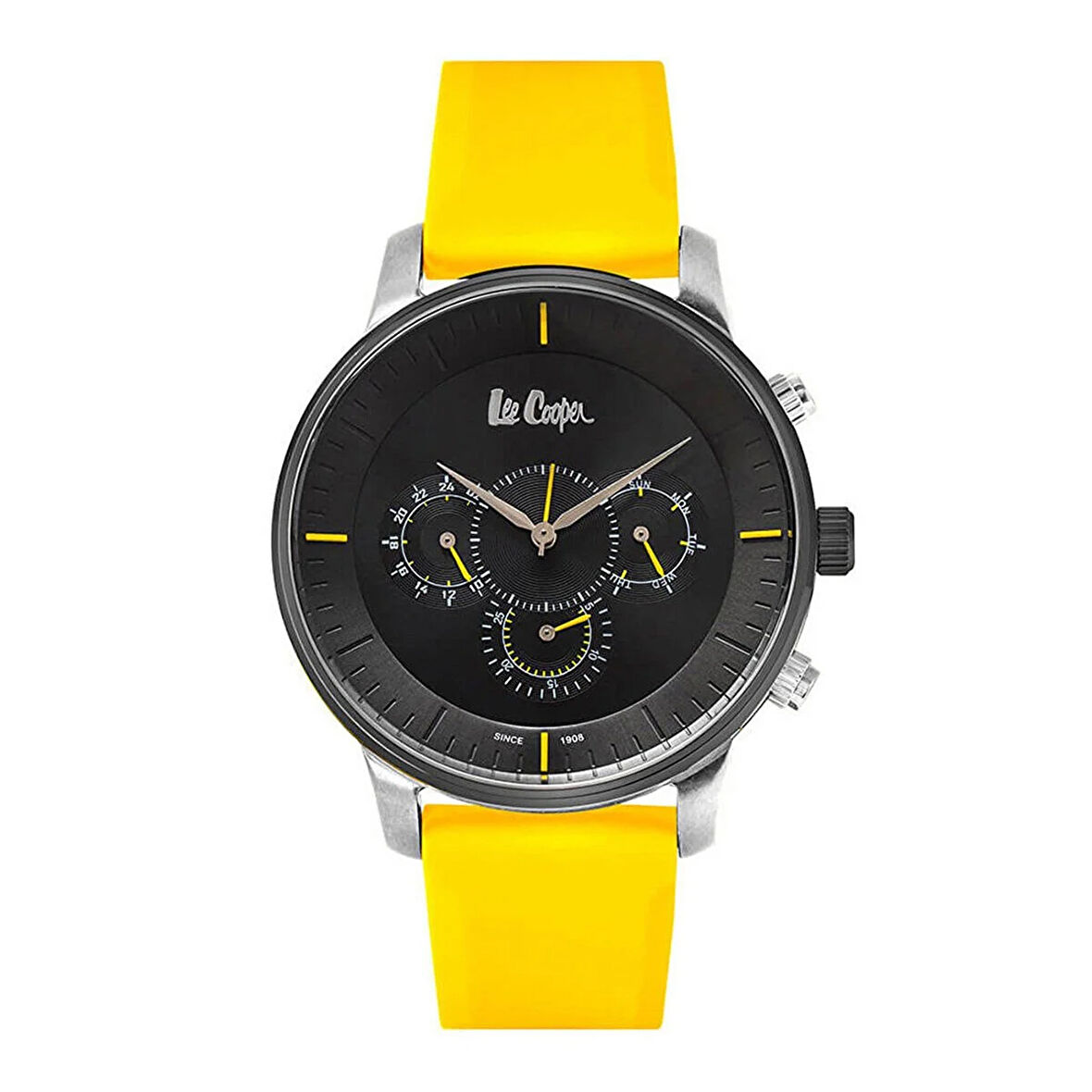 Lee Cooper LC06919.654 Erkek Kol Saati | 49 mm Siyah Kadran, Sarı Silikon Kordon, Multifonksiyon Quartz