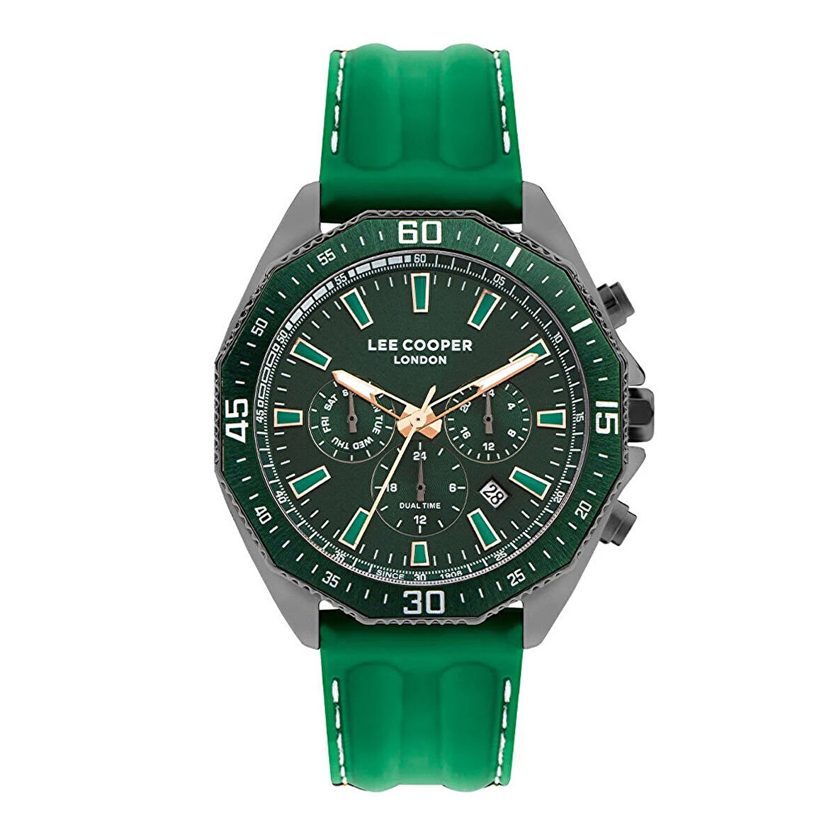 Lee Cooper LC07848.077 Erkek Kol Saati | 45 mm Yeşil Kadran, Gri Çelik Kasa, Silikon Kordon