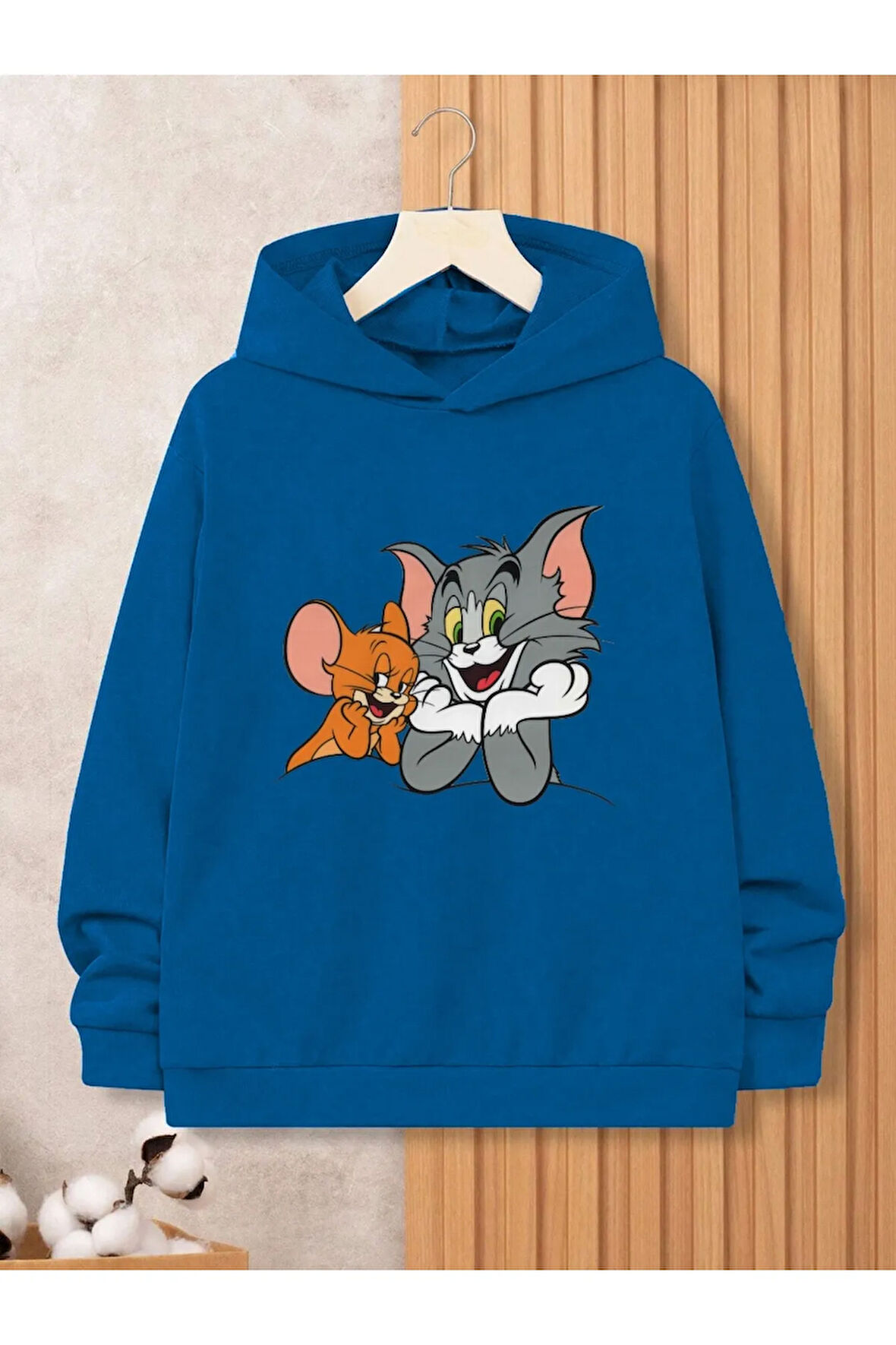 Pamuklu Erkek Çocuk Kapüşonlu Sweatshirt İki İplik Şardonsuz Tom Baskılı