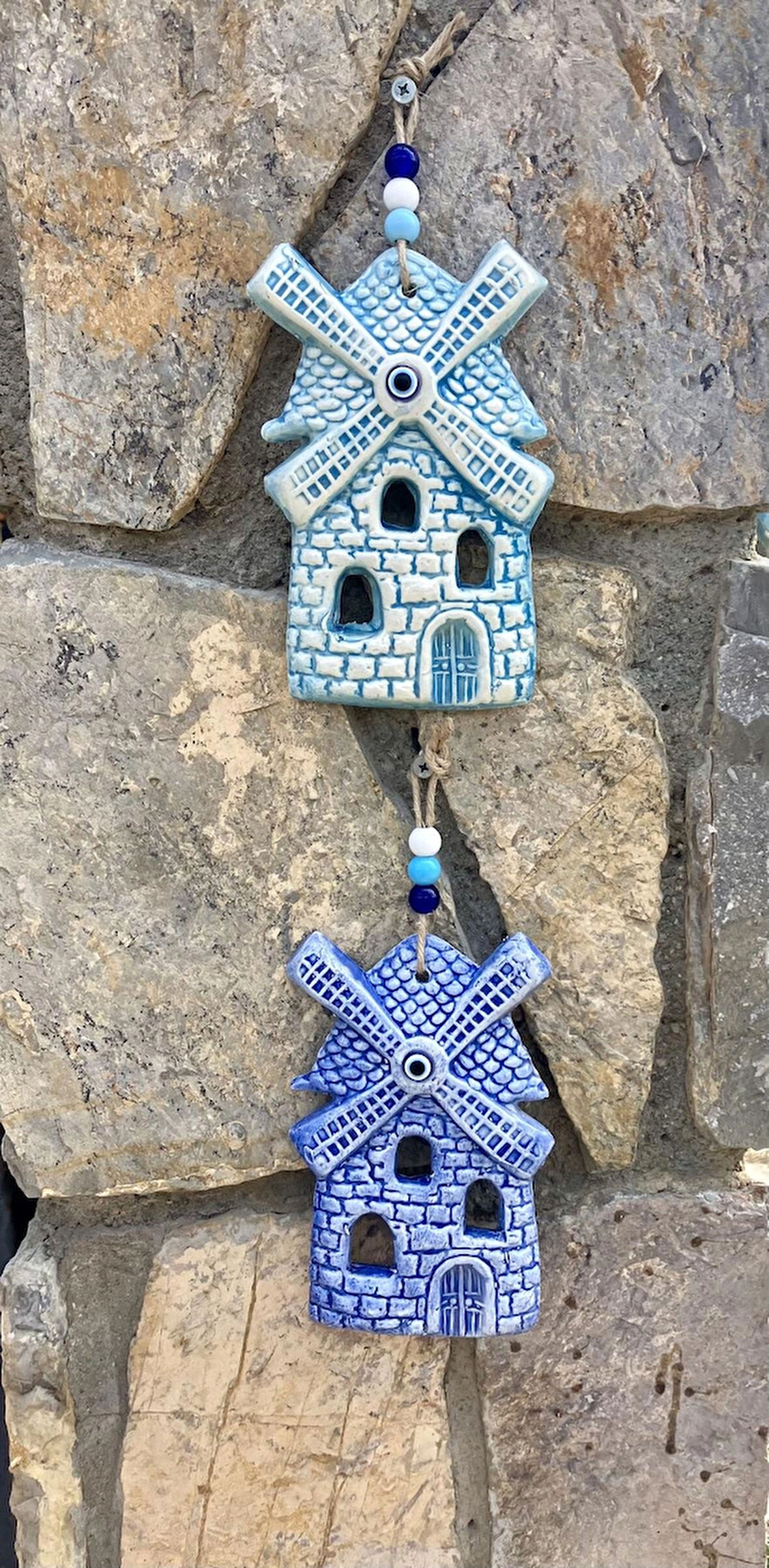 Balkon Süsü Duvar Dekorasyonu Bahçe Süsleri Seramik Alaçatı Bodrum Yel Değirmeni 2 li Mavi Set