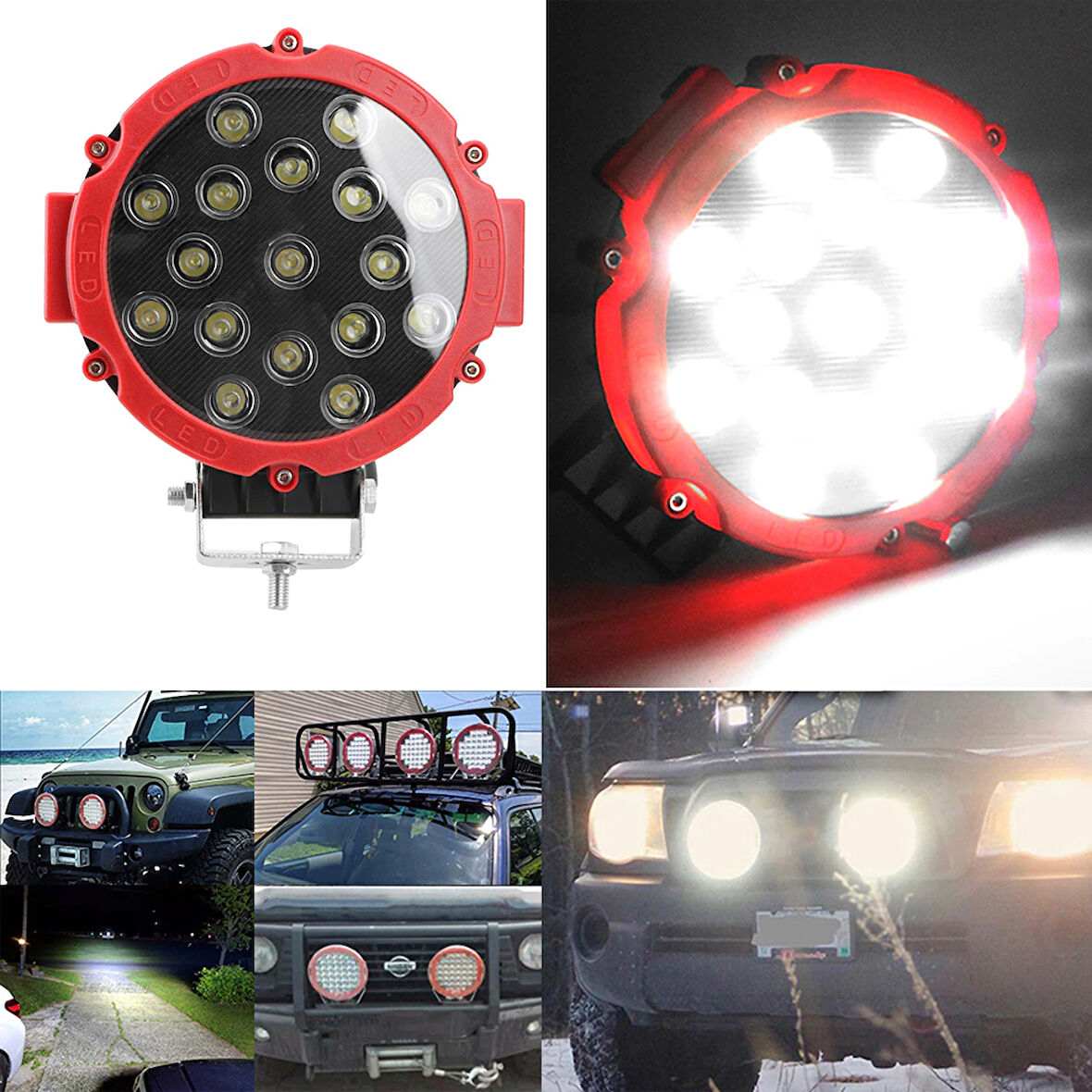 Off Road Led Projektör Sis Lambası Kırmızı Çerçeve Beyaz Led 51W 18cm